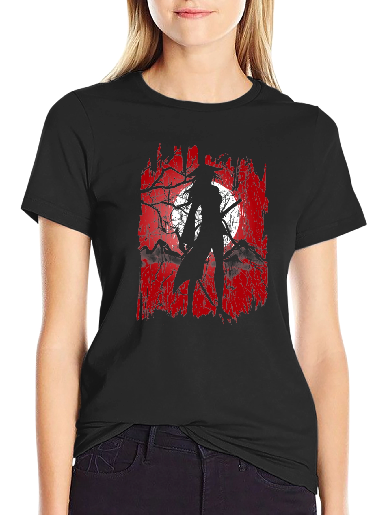 Samurai Moon Graphic Tee - Black Cotton