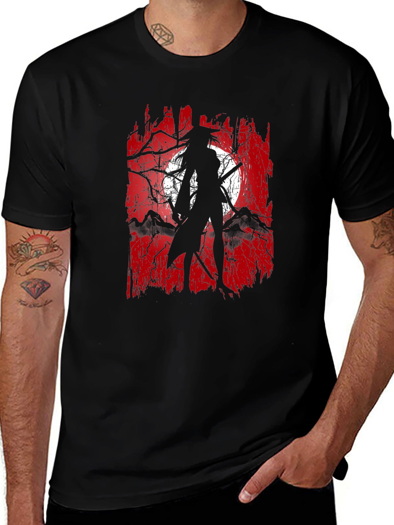 Samurai Moon Graphic Tee - Black Cotton
