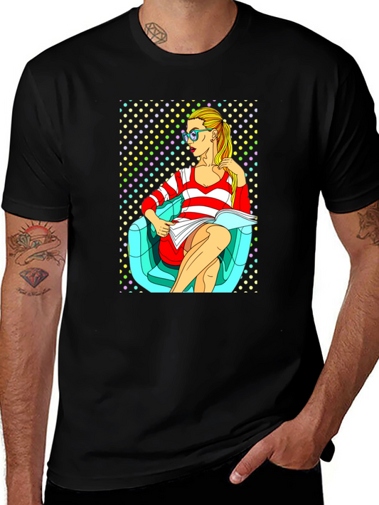Pop Art Girl Reading Book Black Cotton Tee