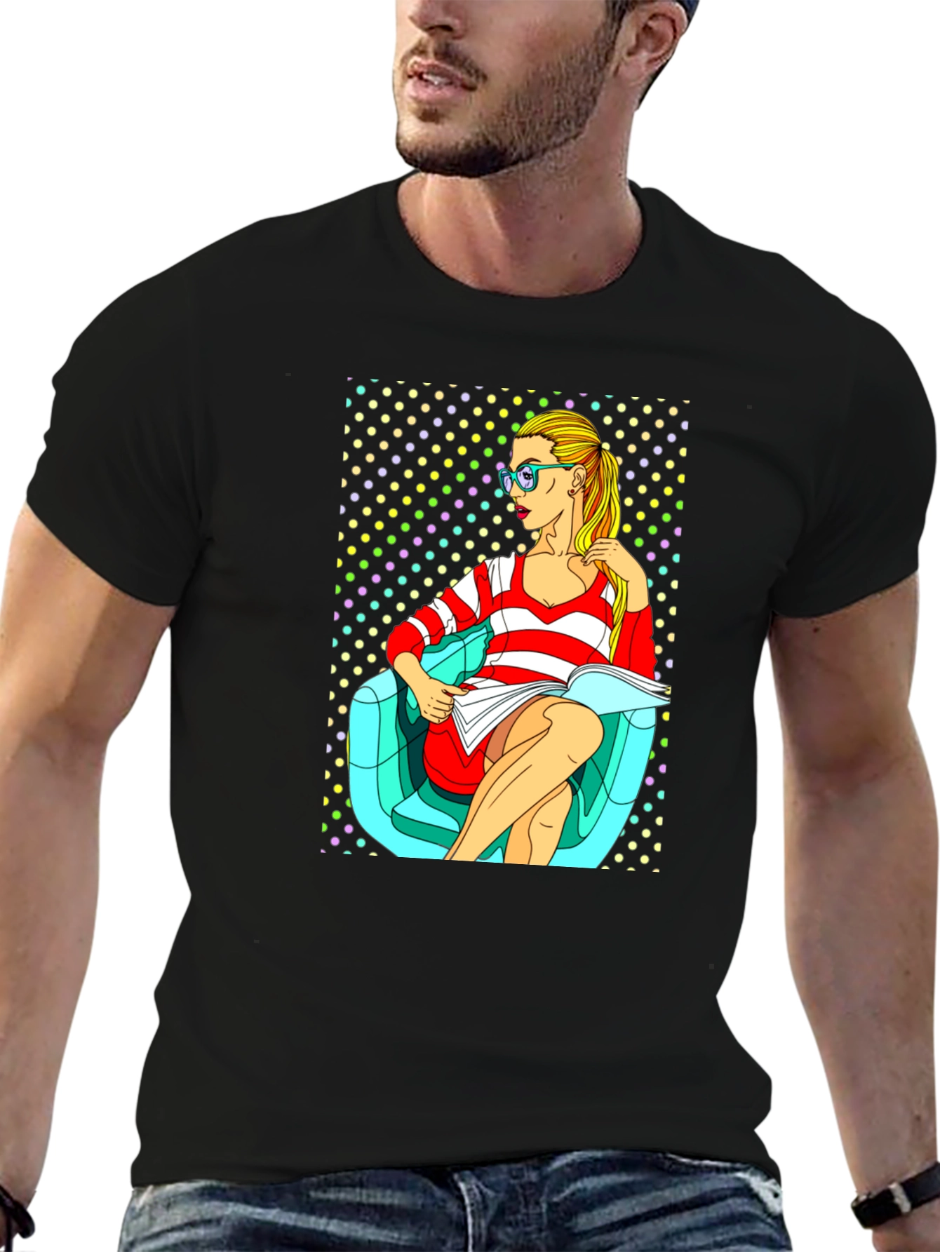Pop Art Girl Reading Book Black Cotton Tee