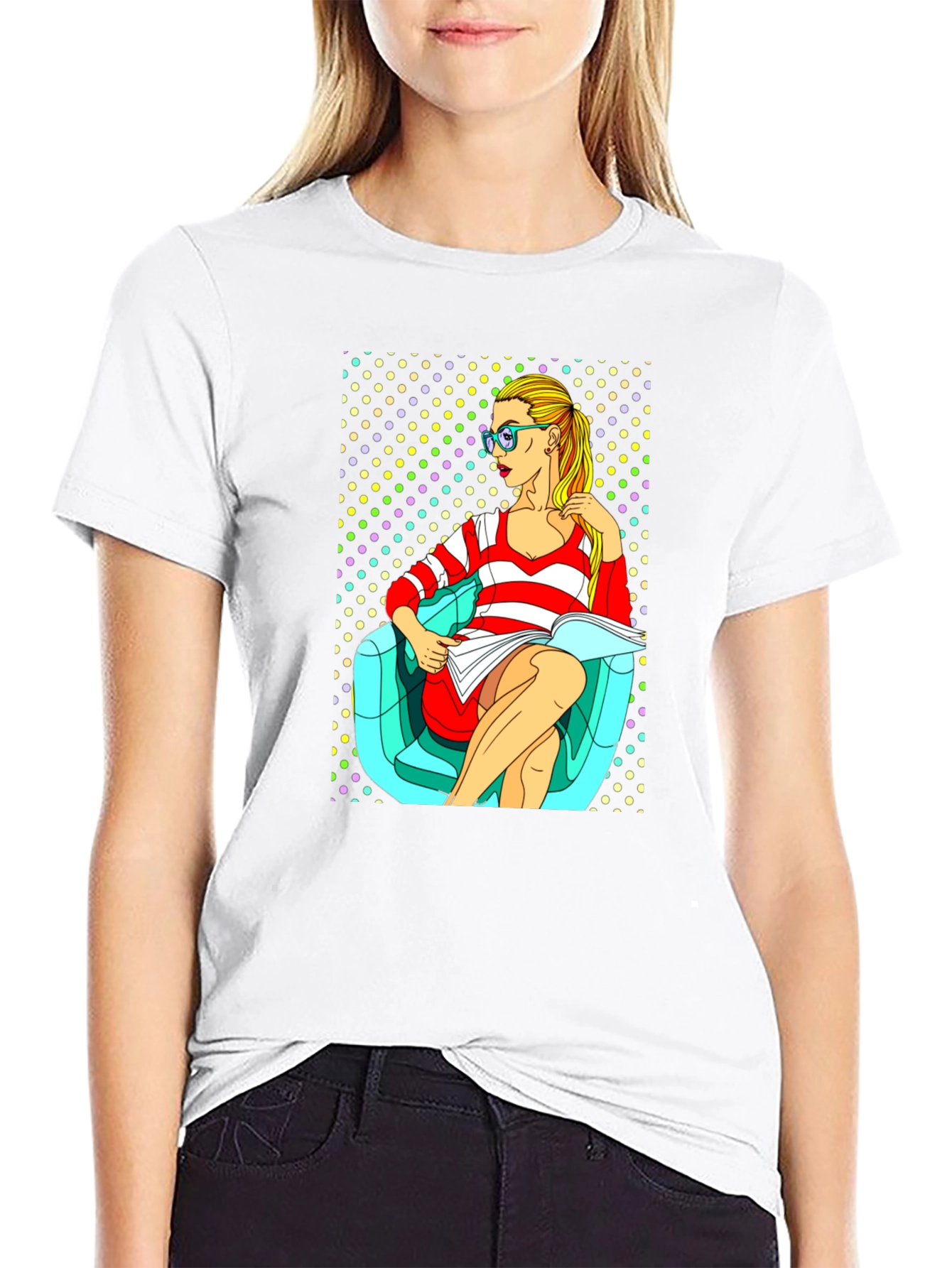 Pop Art Girl Reading Book Black Cotton Tee