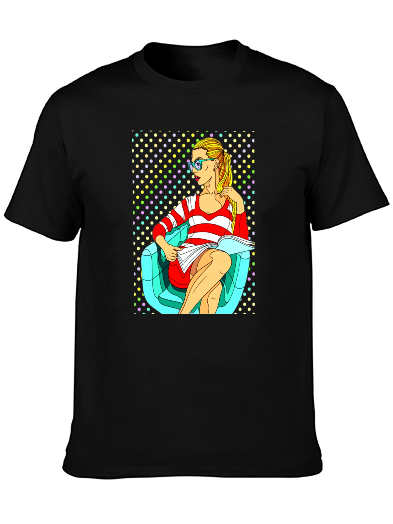 Pop Art Girl Reading Book Black Cotton Tee