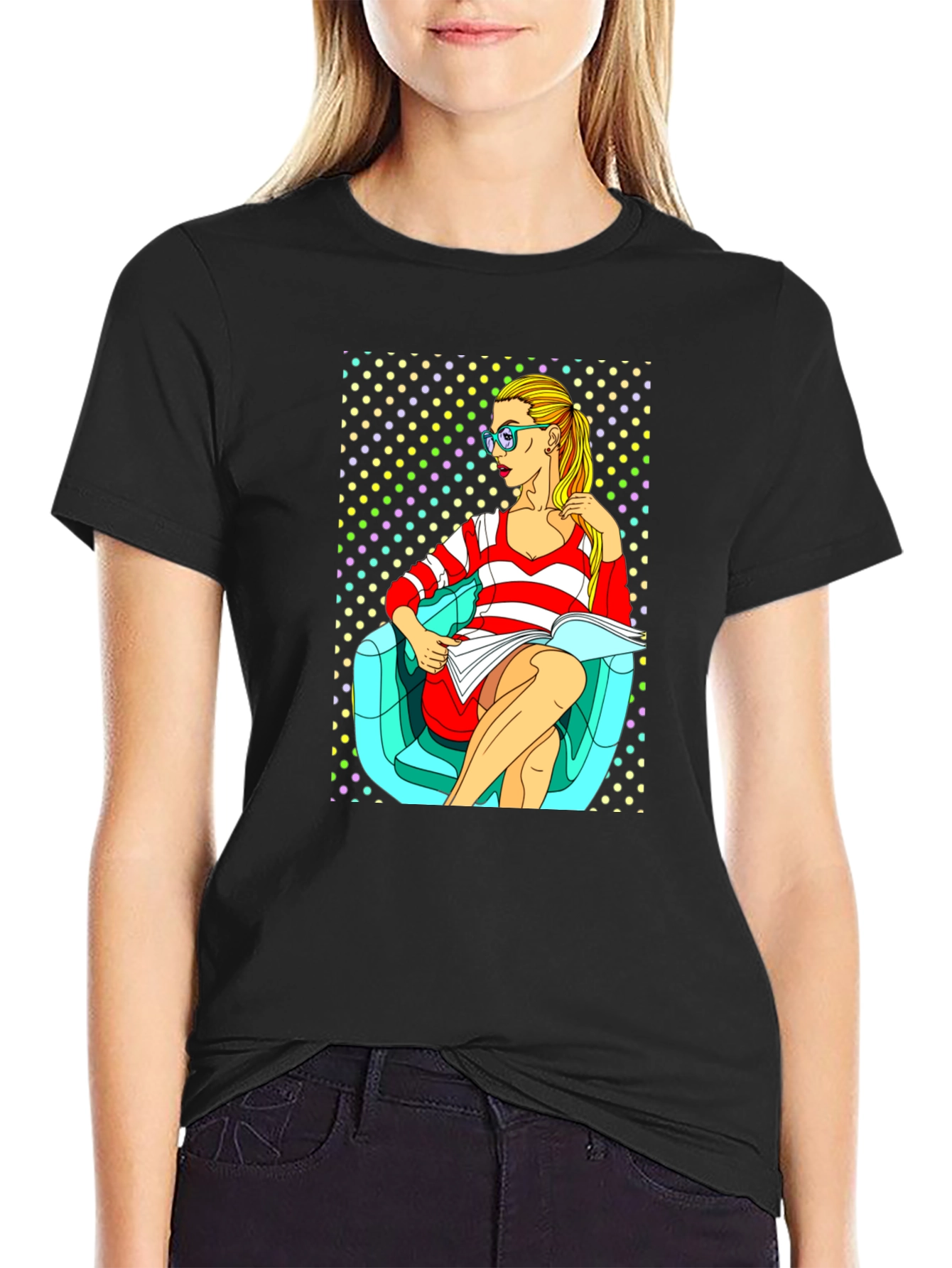 Pop Art Girl Reading Book Black Cotton Tee