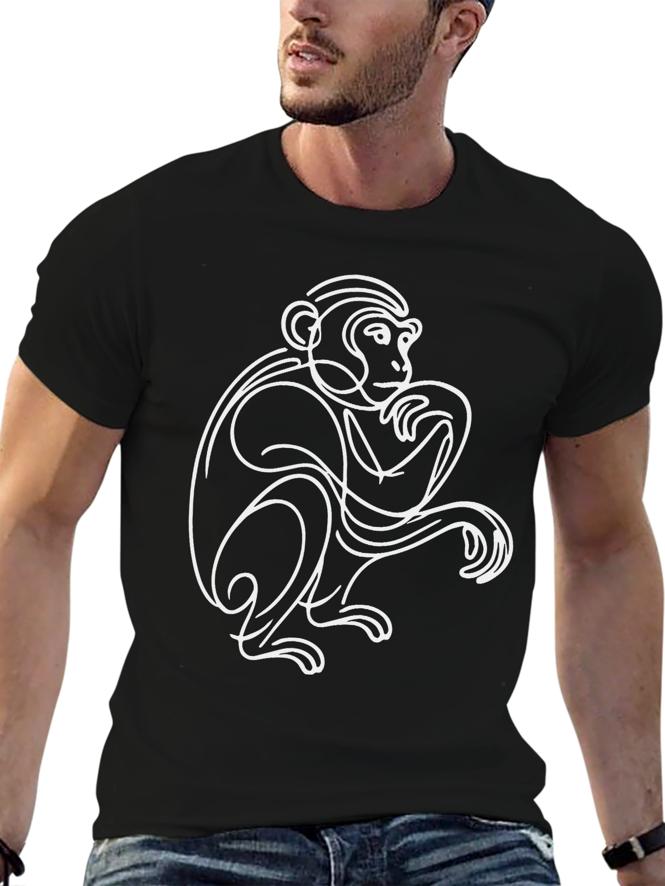 Abstract Monkey Line Art Black T-Shirt