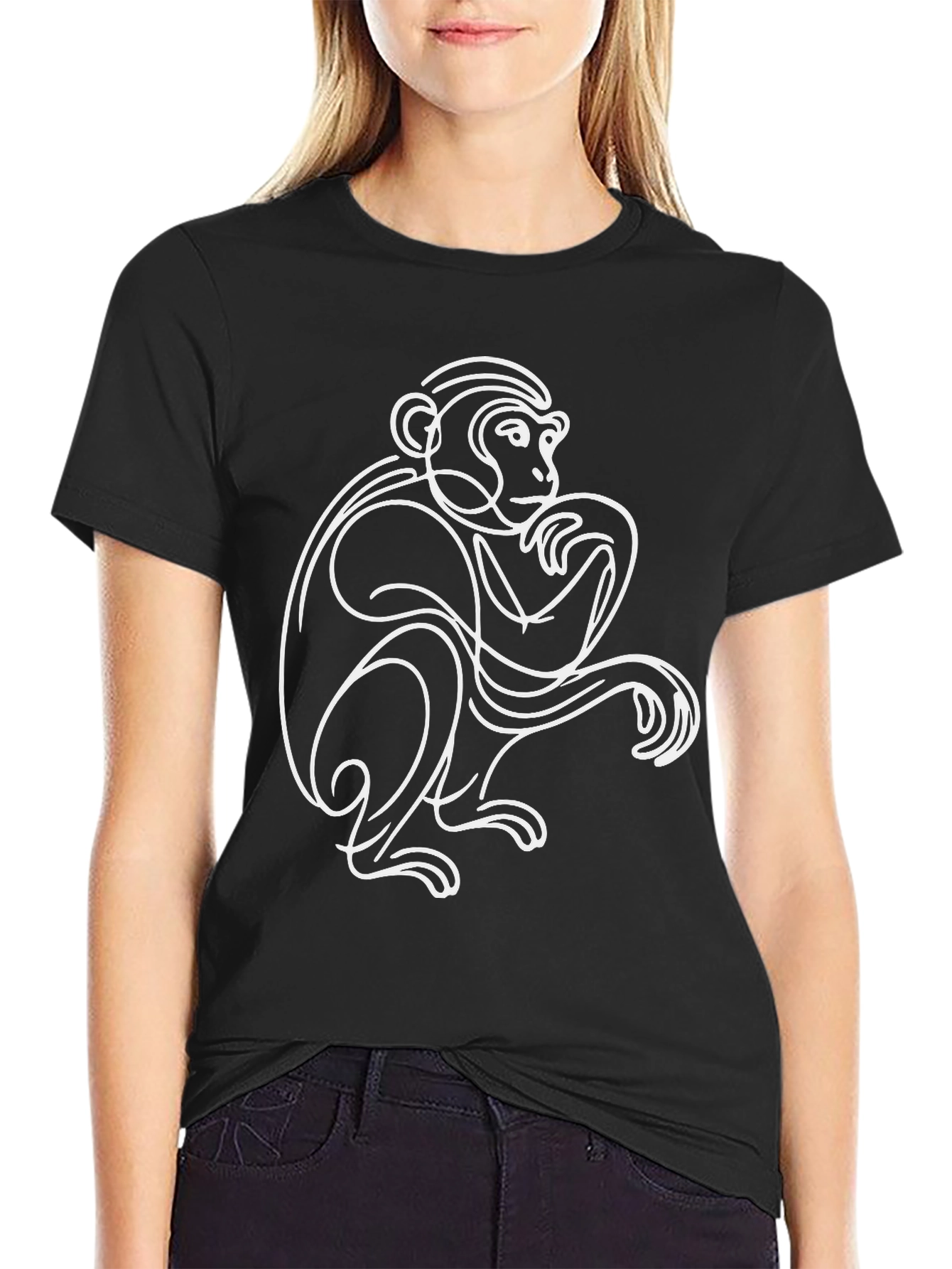 Abstract Monkey Line Art Black T-Shirt