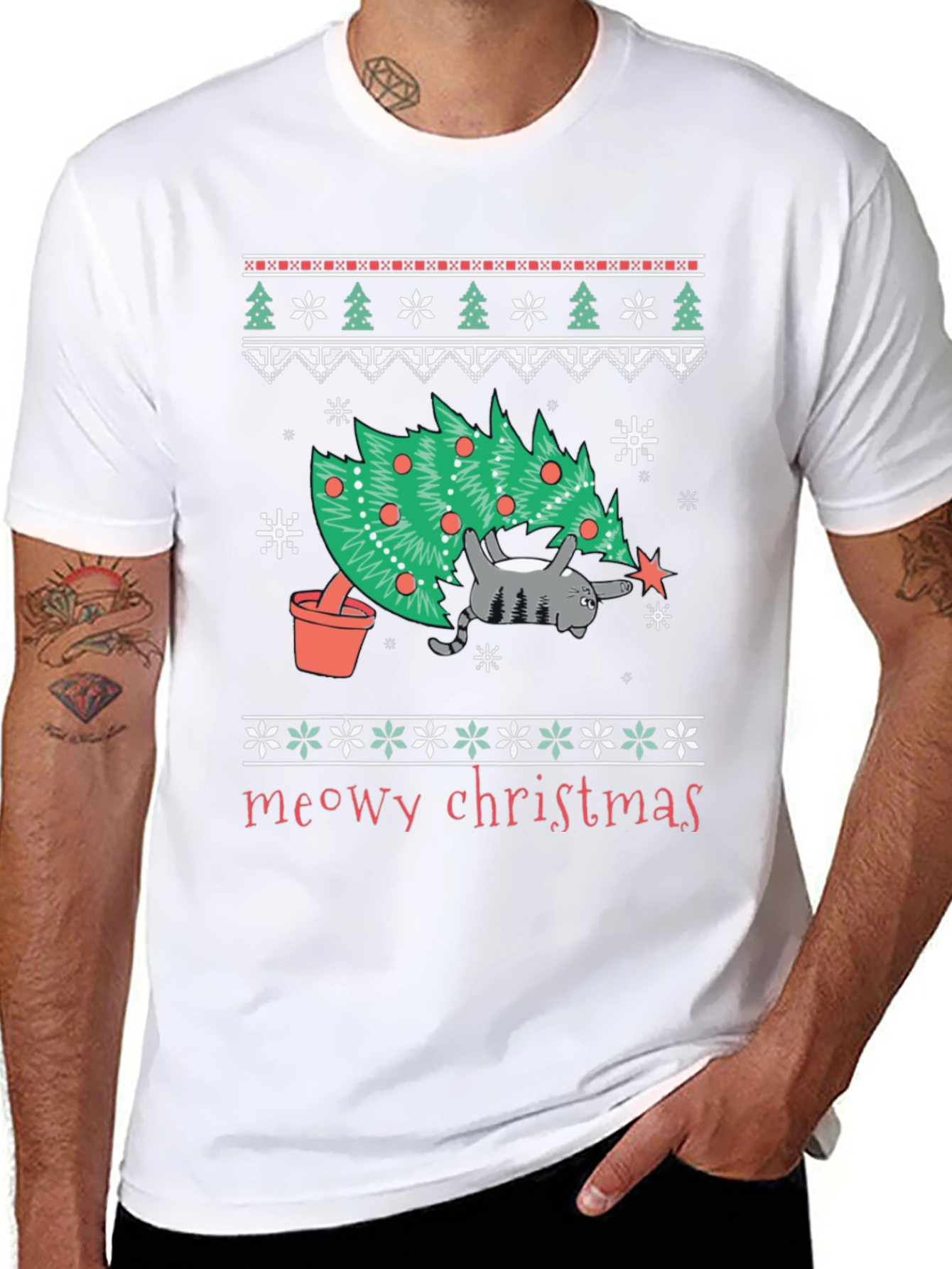 Meowy Christmas Cat T-Shirt - Festive Holiday Tee