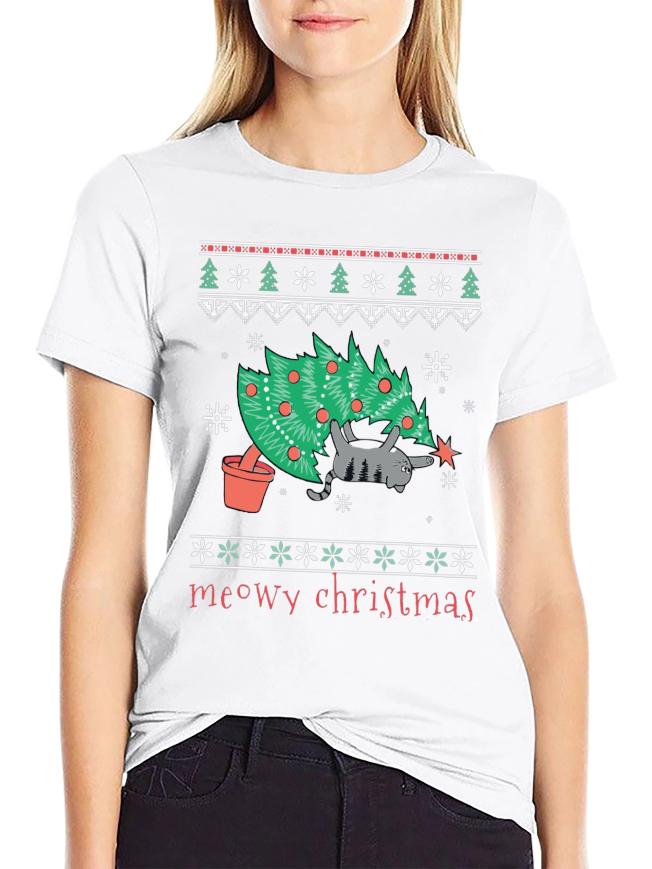 Meowy Christmas Cat T-Shirt - Festive Holiday Tee