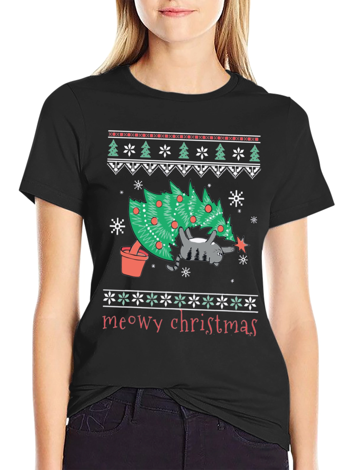 Meowy Christmas Cat T-Shirt - Festive Holiday Tee