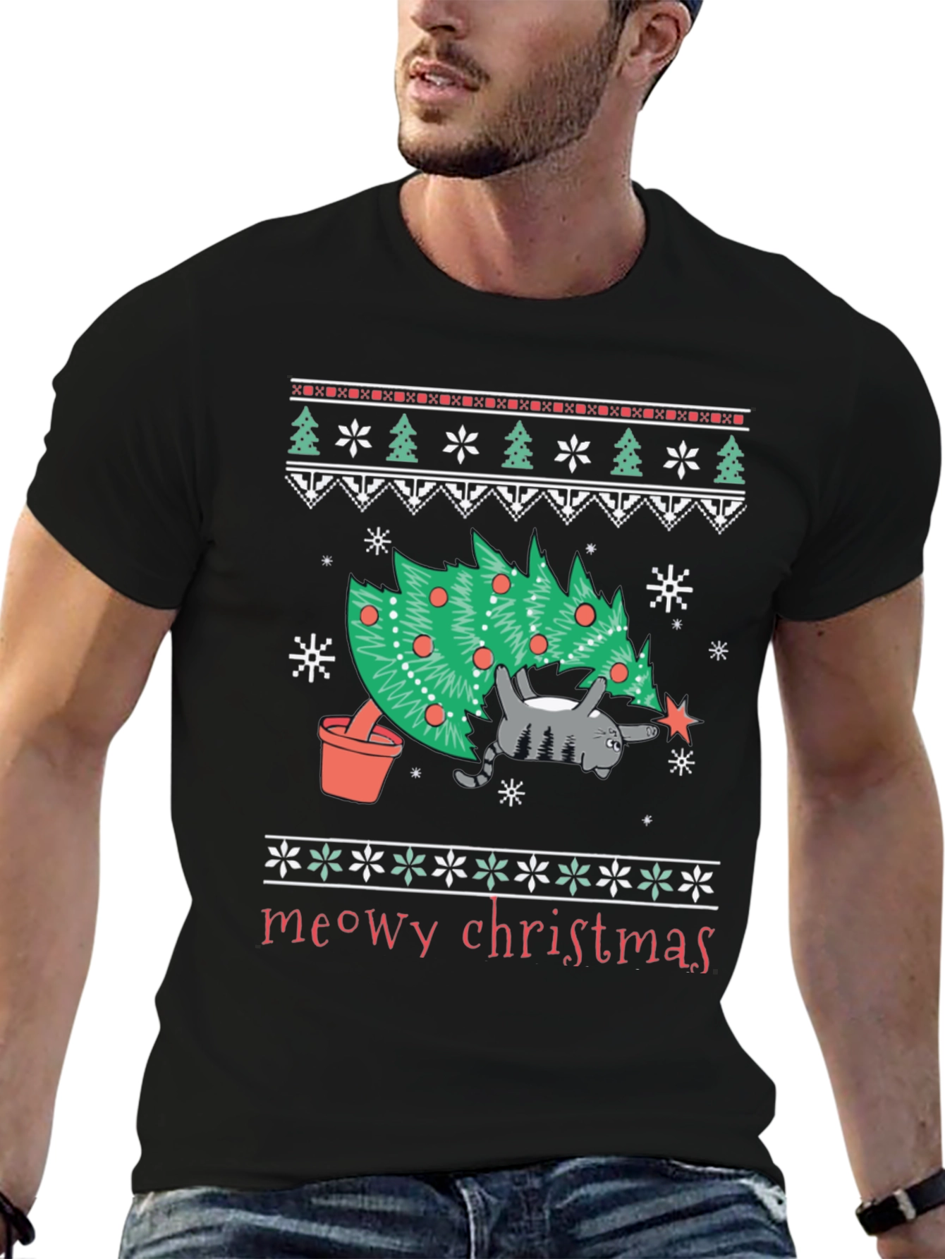 Meowy Christmas Cat T-Shirt - Festive Holiday Tee