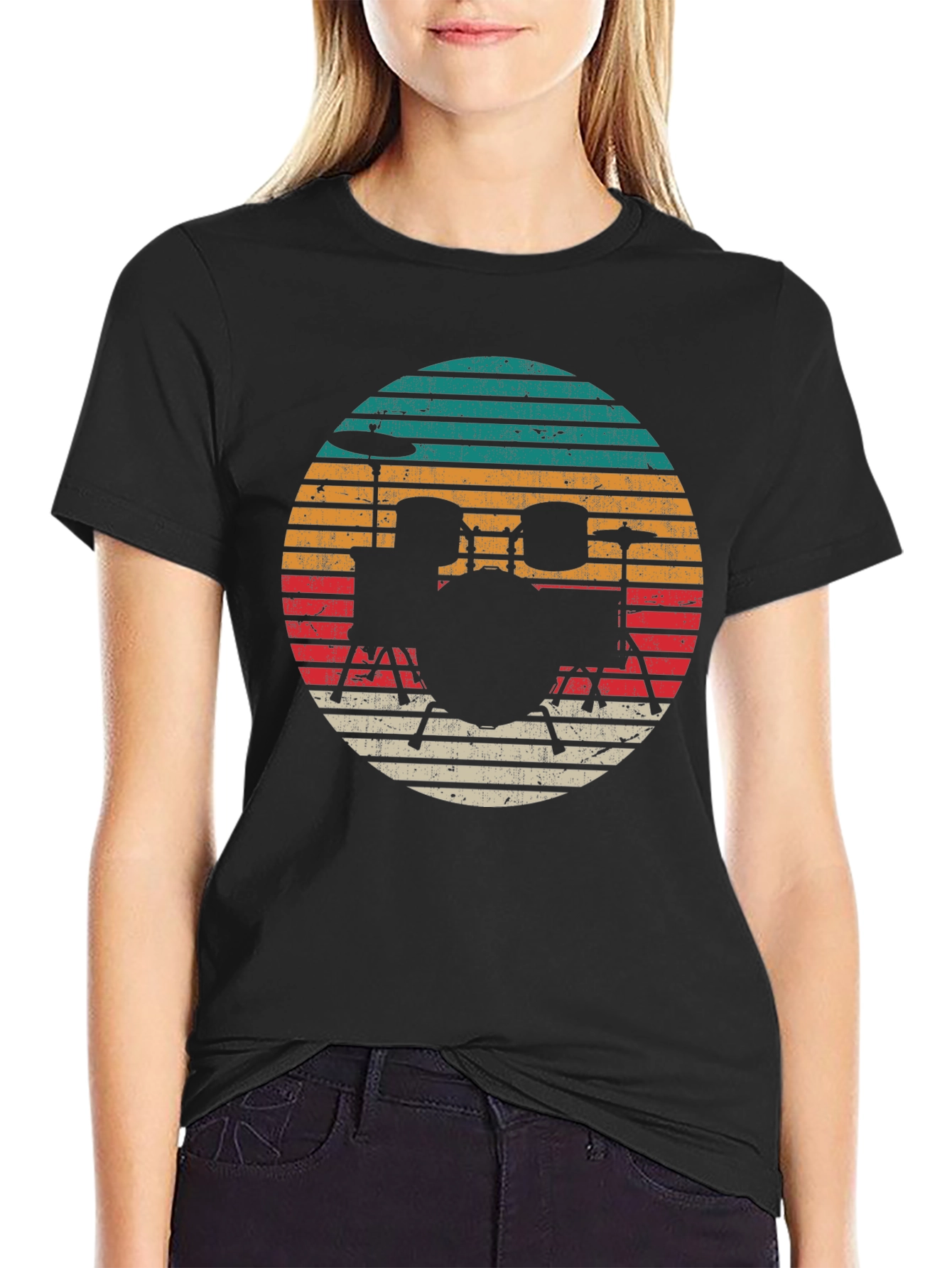 Retro Drum Set Graphic Tee - Black