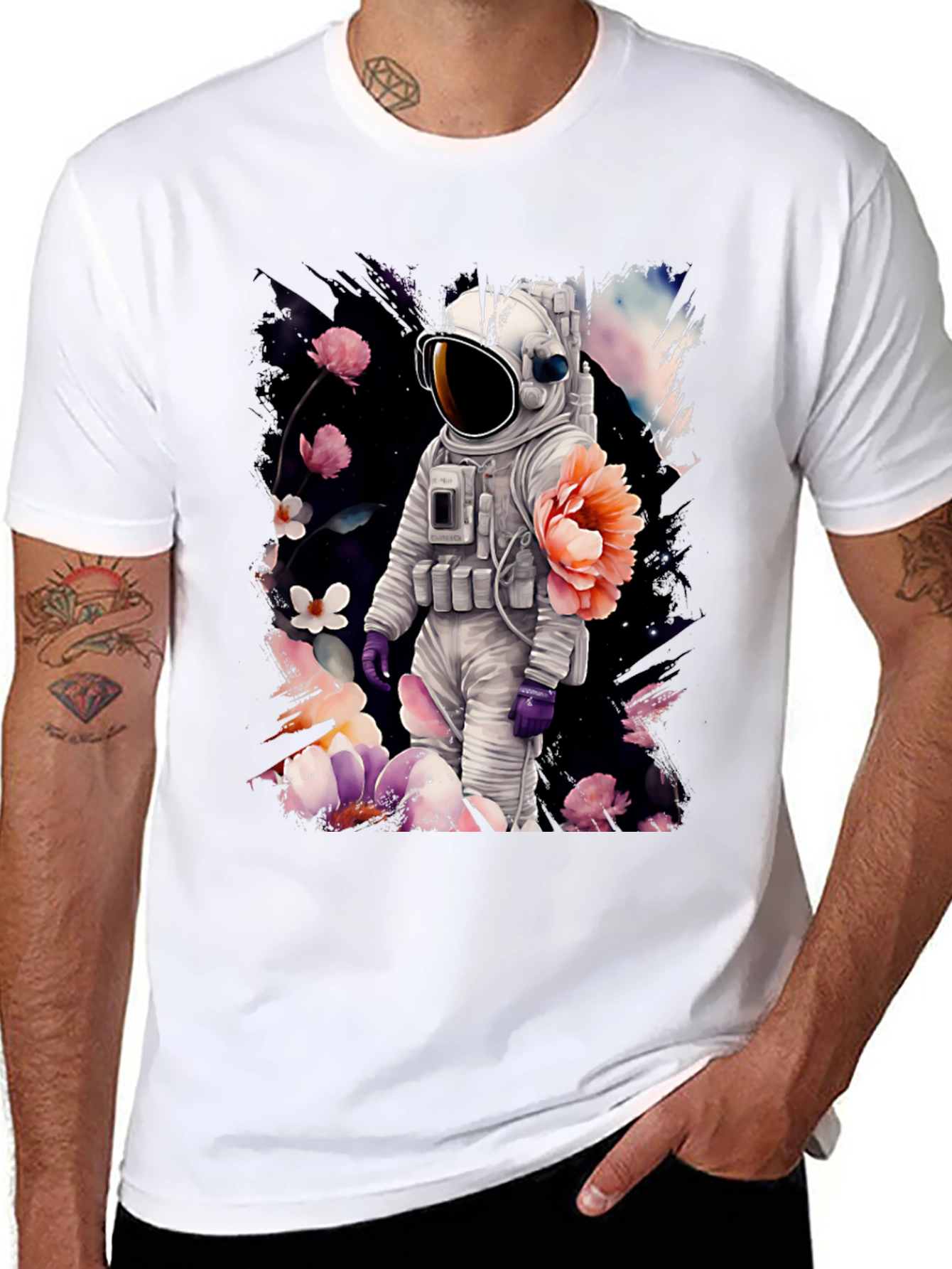 Astronaut Floral T-Shirt - Space & Nature Fusion