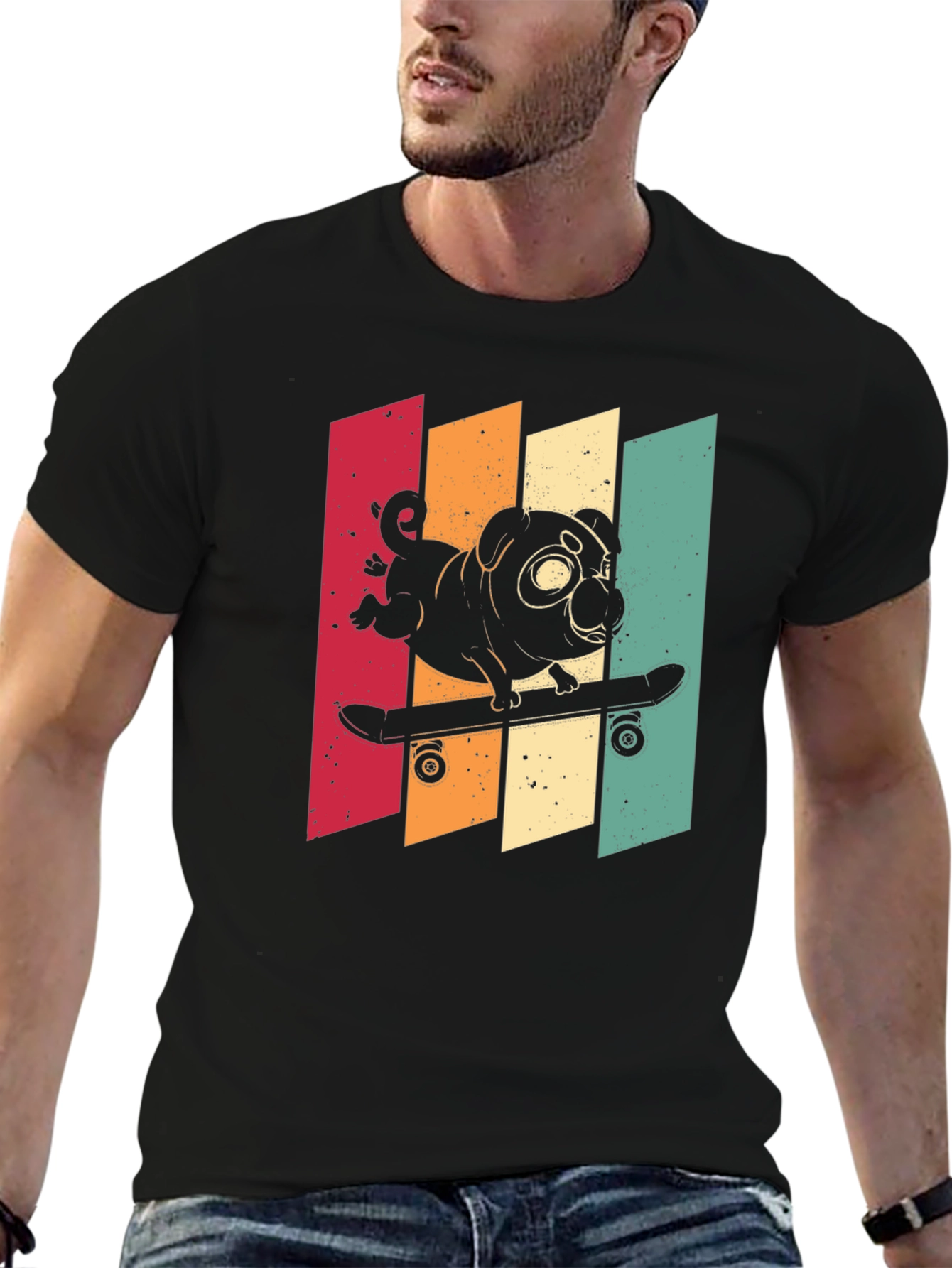 Skateboarding Pug Graphic Tee - Cool Retro Style