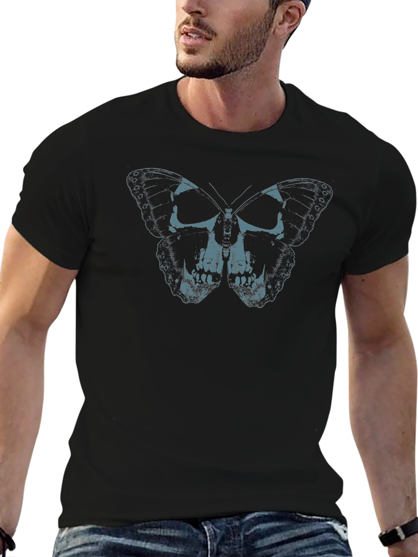 Skull Butterfly Graphic Print Tee - Black