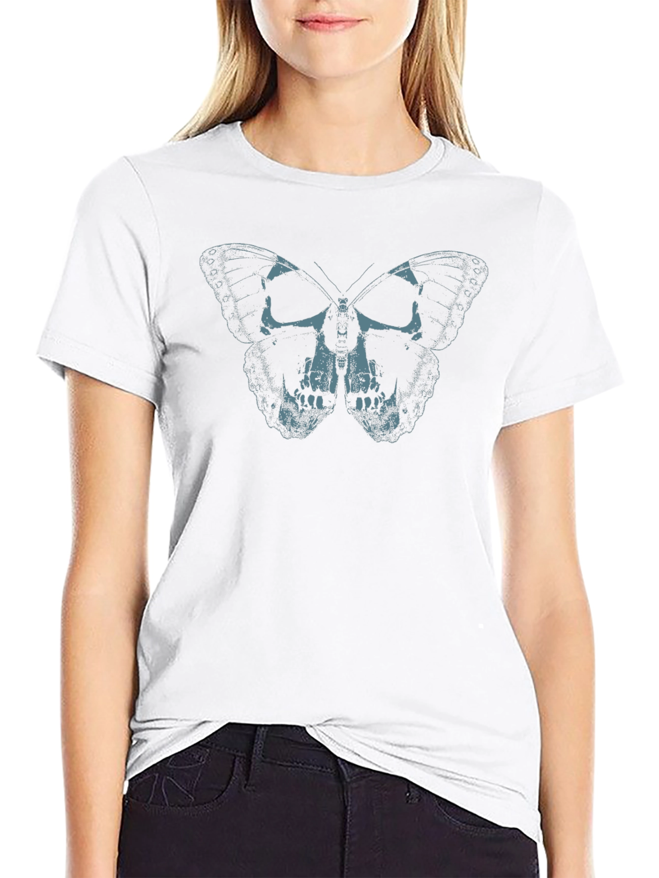 Skull Butterfly Graphic Print Tee - Black