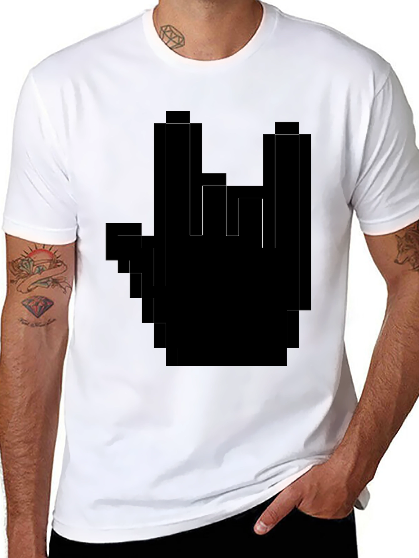 Pixel Hand Rock On Black T-Shirt