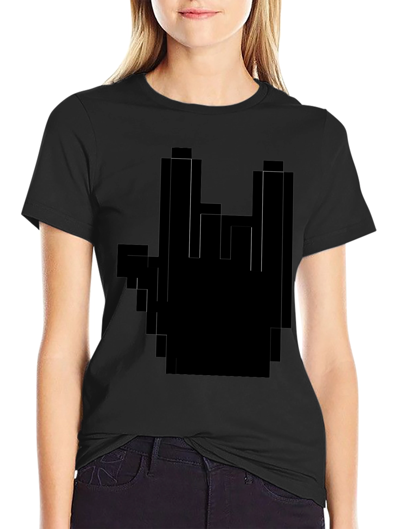 Pixel Hand Rock On Black T-Shirt