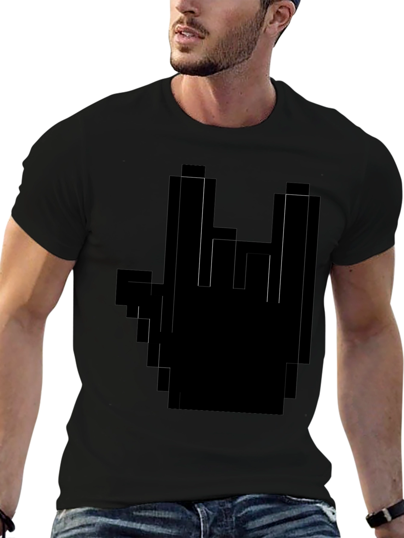 Pixel Hand Rock On Black T-Shirt