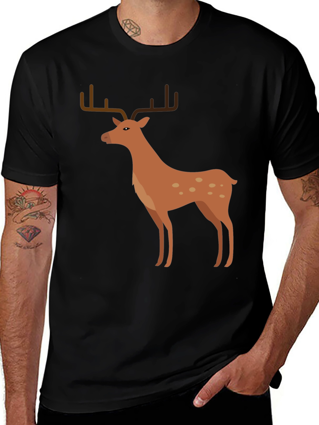 Mens Black T-Shirt with Deer Graphic