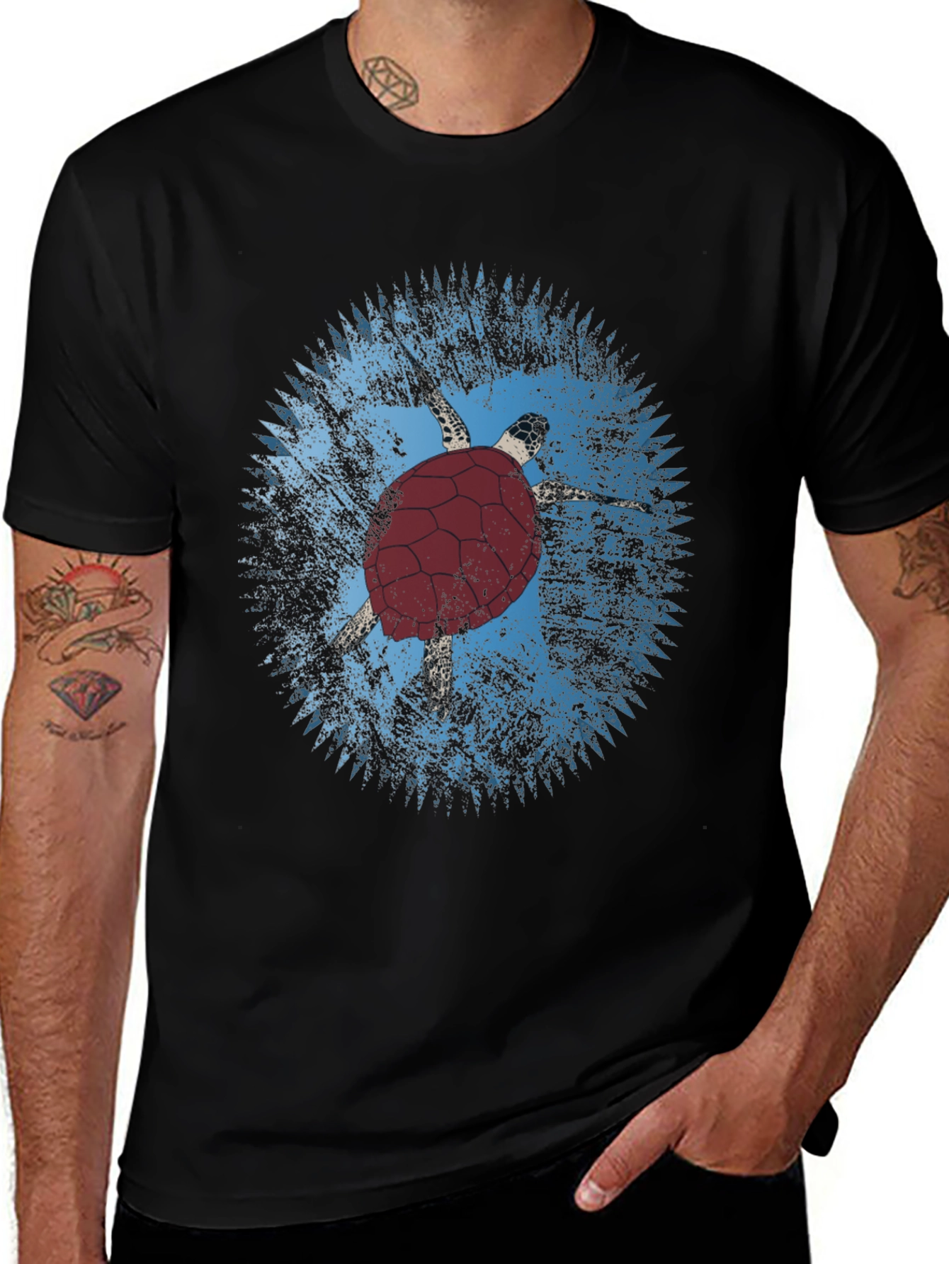 Turtle Graphic Tee - Black Cotton Casual Shirt
