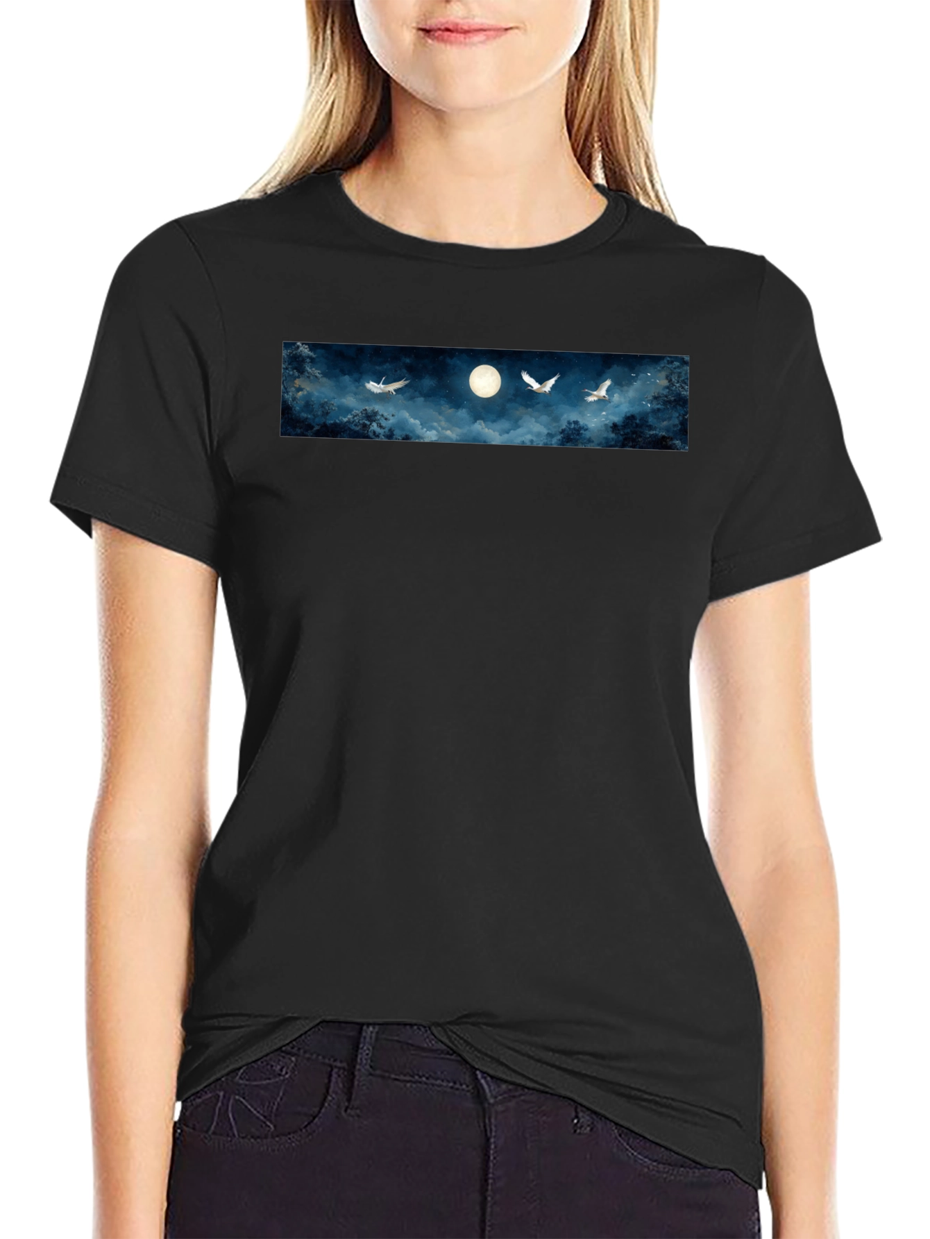 Moonlit Flight Graphic Tee - Black Cotton