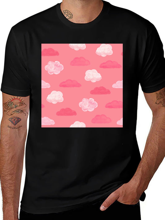 Pink Cloud Pattern Black T-Shirt