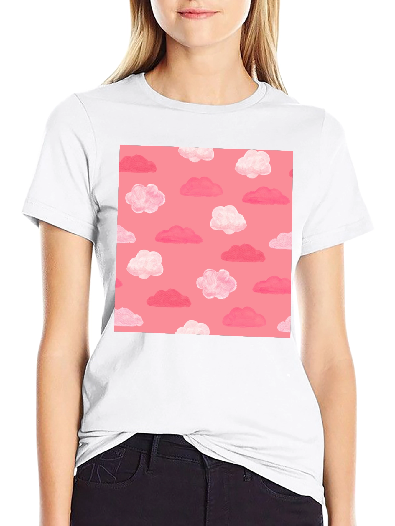 Pink Cloud Pattern Black T-Shirt
