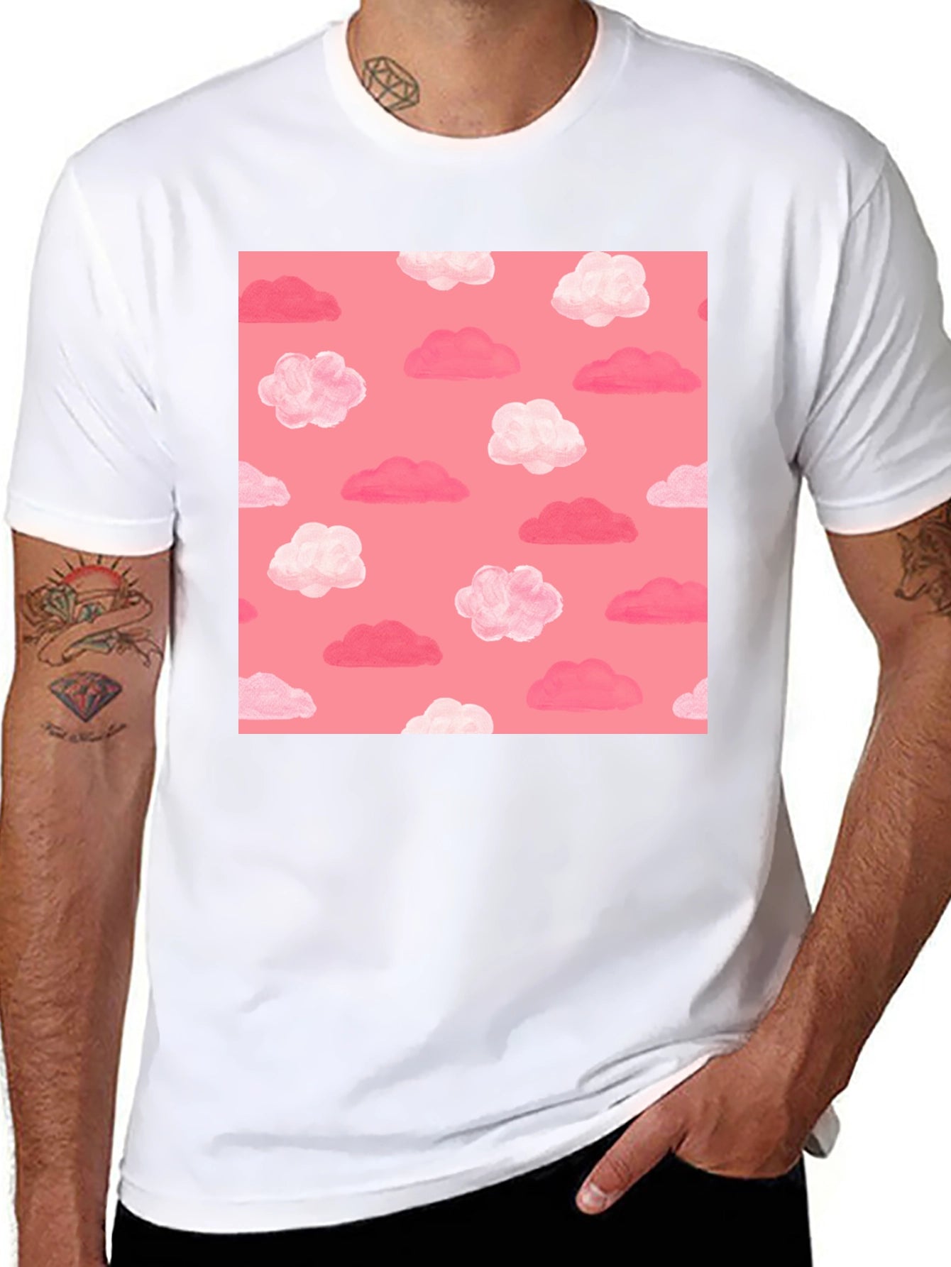 Pink Cloud Pattern Black T-Shirt