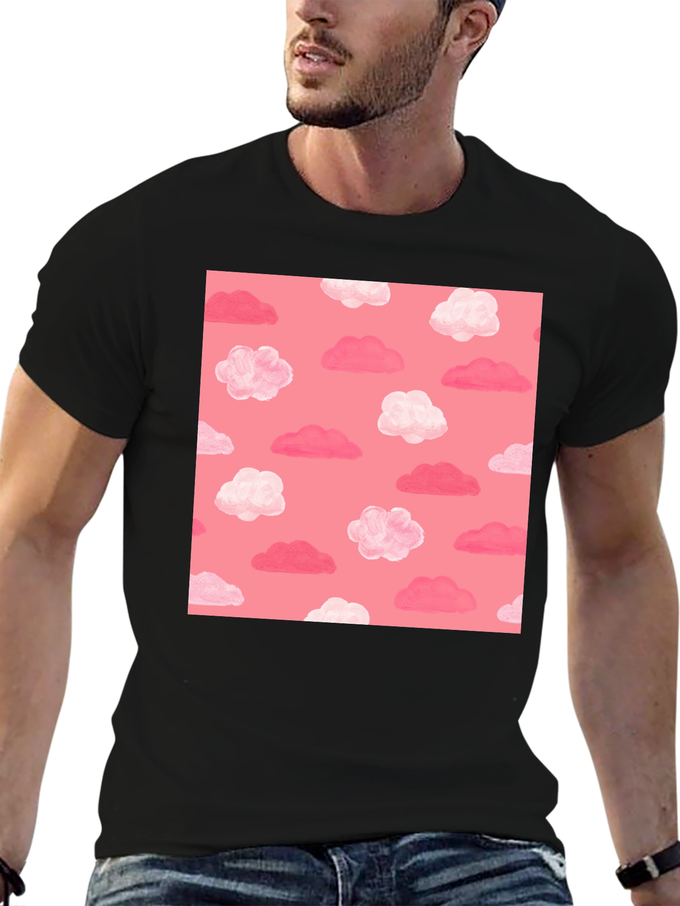 Pink Cloud Pattern Black T-Shirt