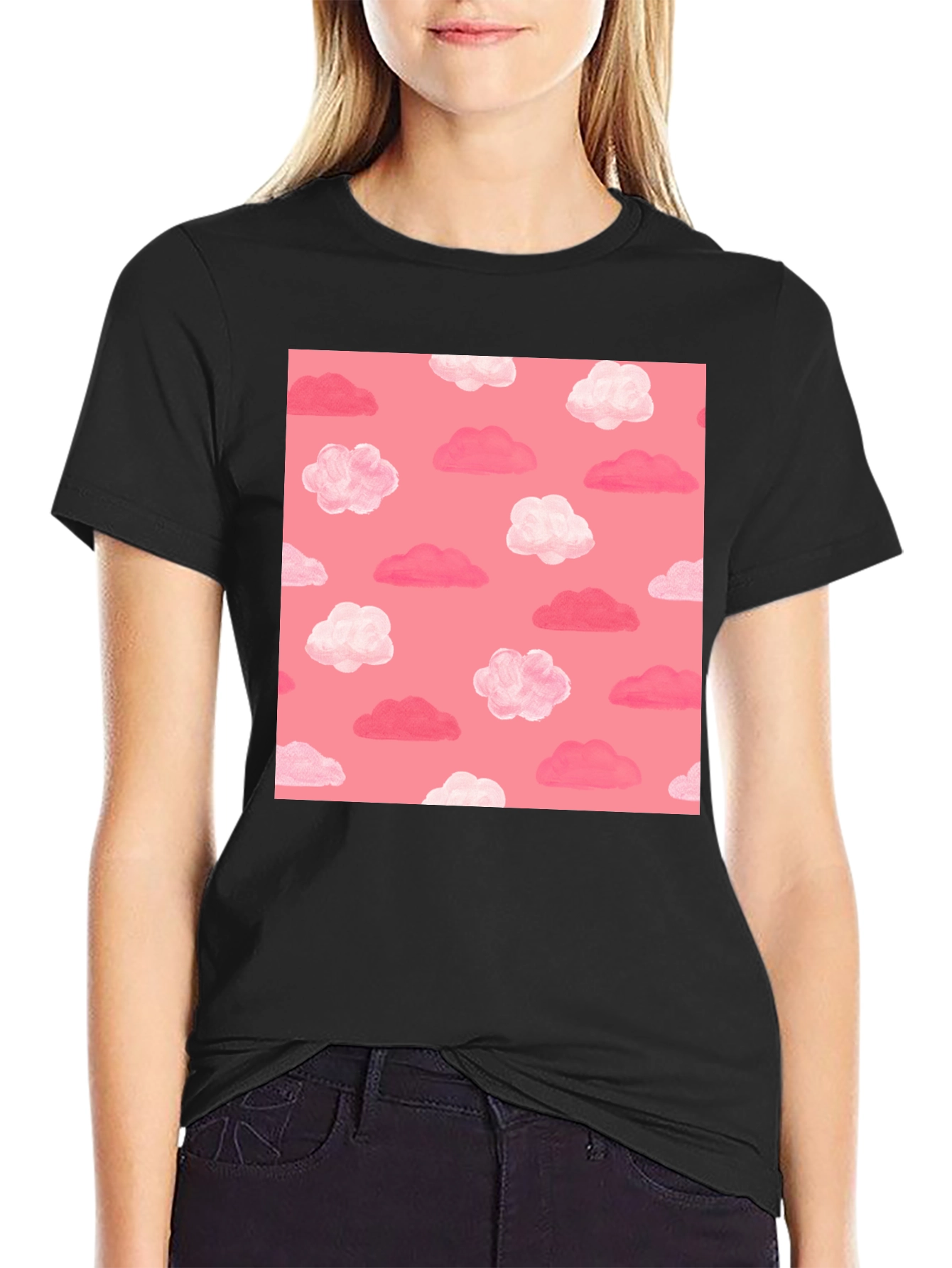 Pink Cloud Pattern Black T-Shirt