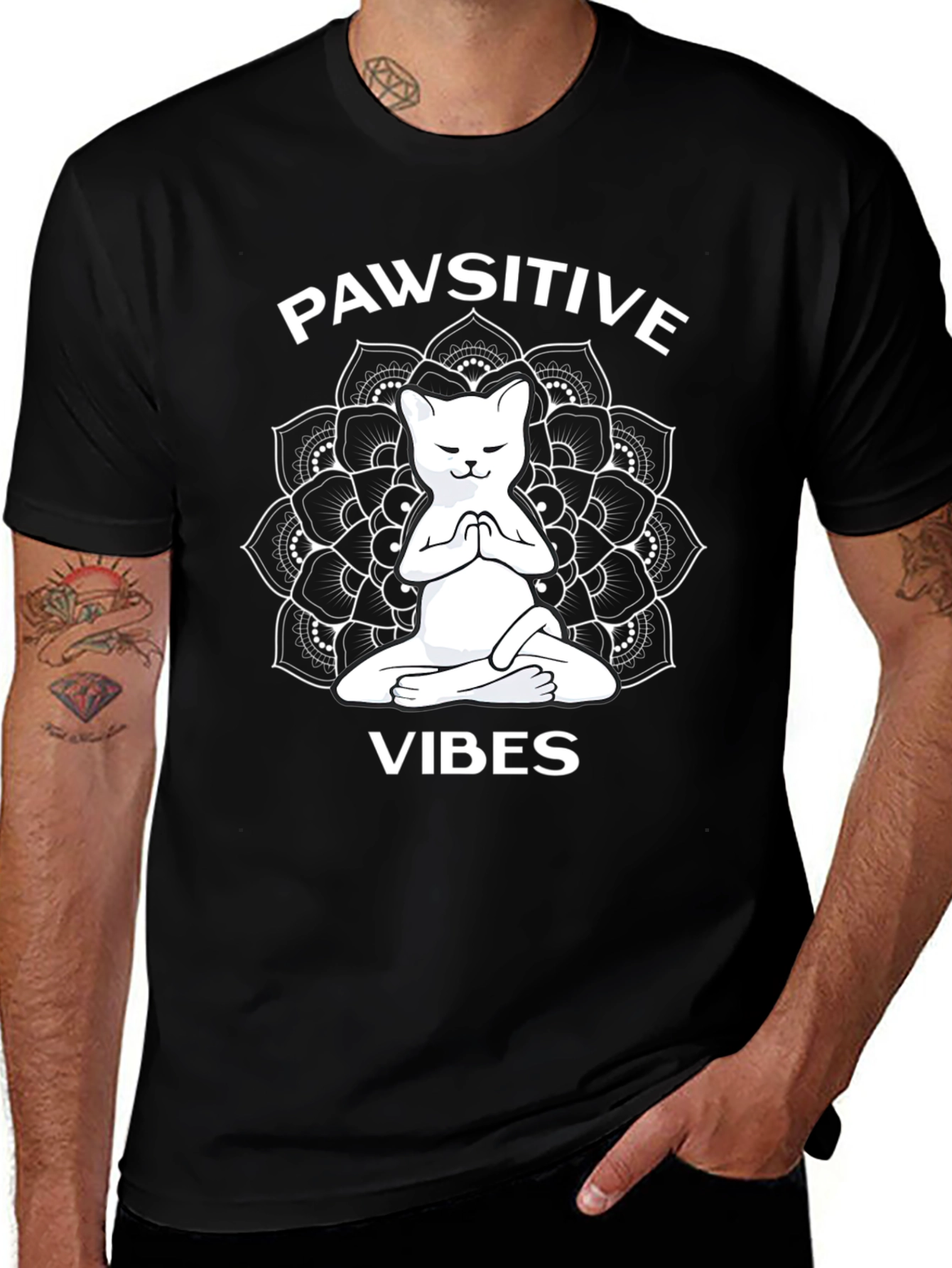Pawsitive Vibes T-Shirt - Cat Mandala Zen Style