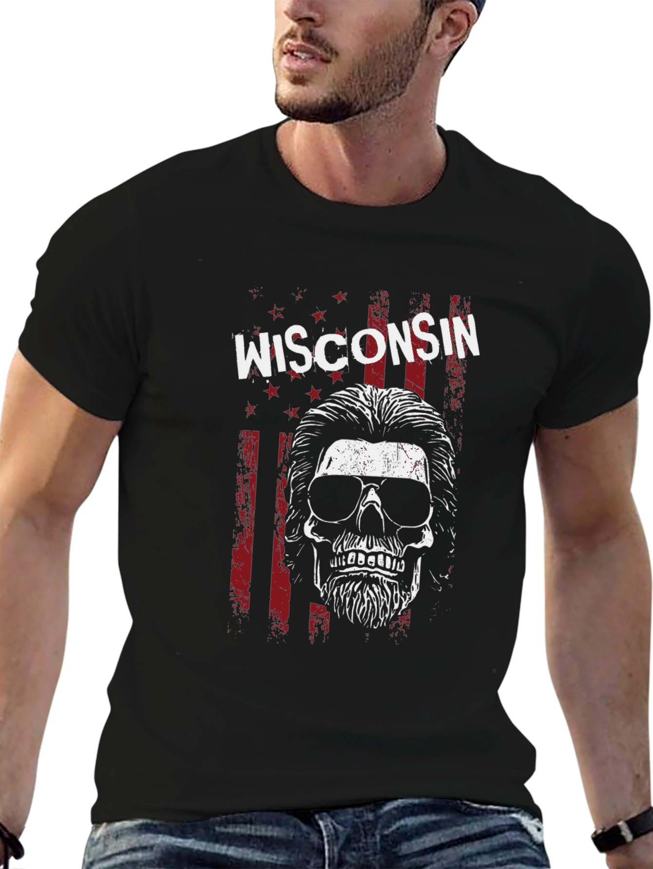 Wisconsin Skull Graphic Tee - USA Patriotic Shirt