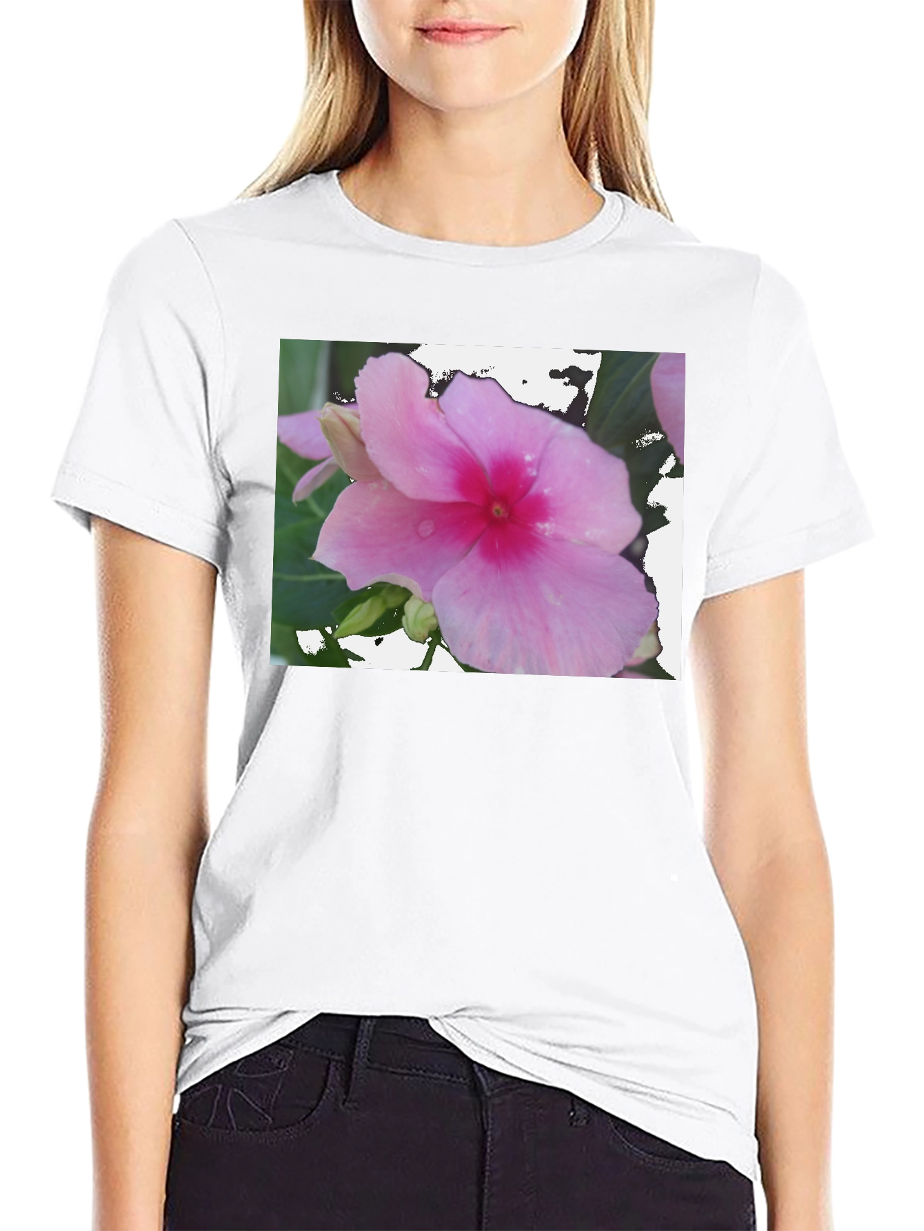 Pink Flower Graphic Black T-Shirt