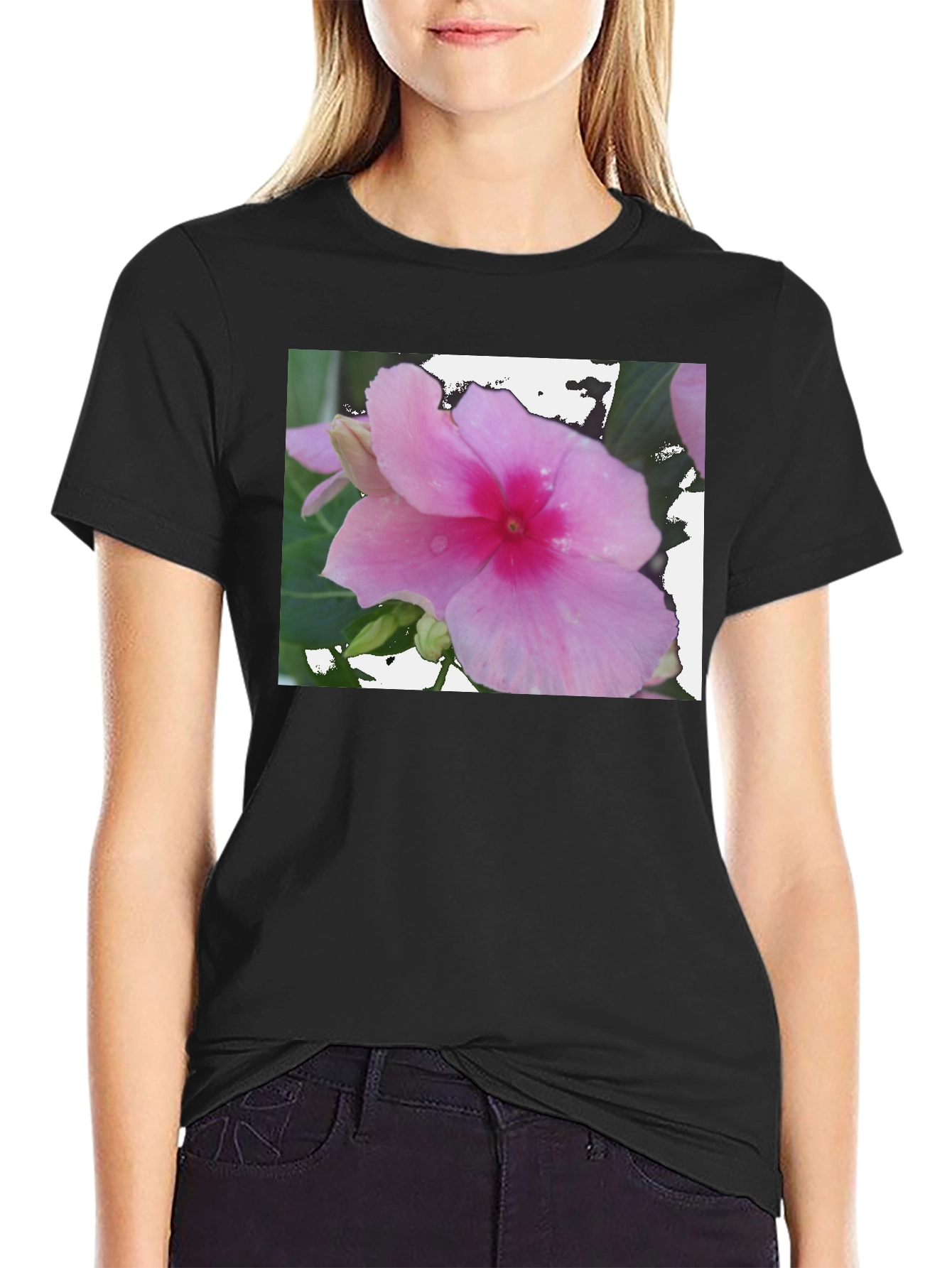 Pink Flower Graphic Black T-Shirt