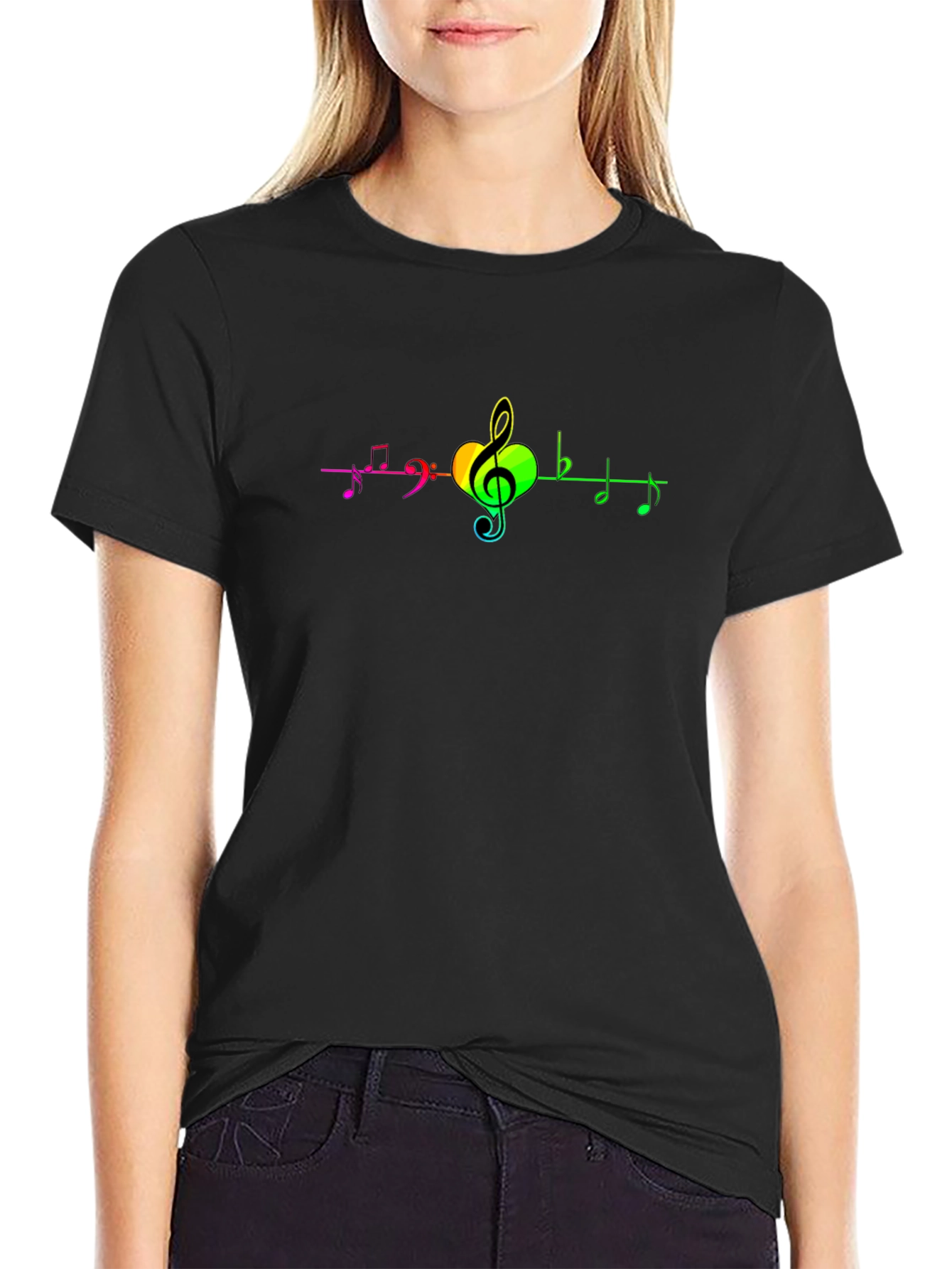 Rainbow Music Notes Black T-Shirt