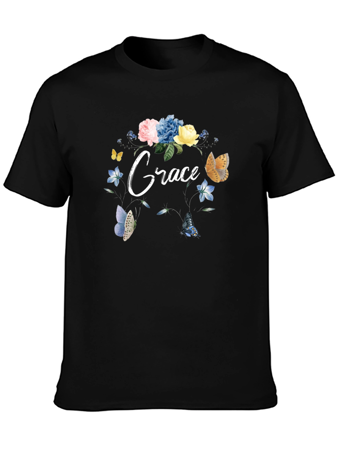 Grace Floral Butterfly Black T-Shirt