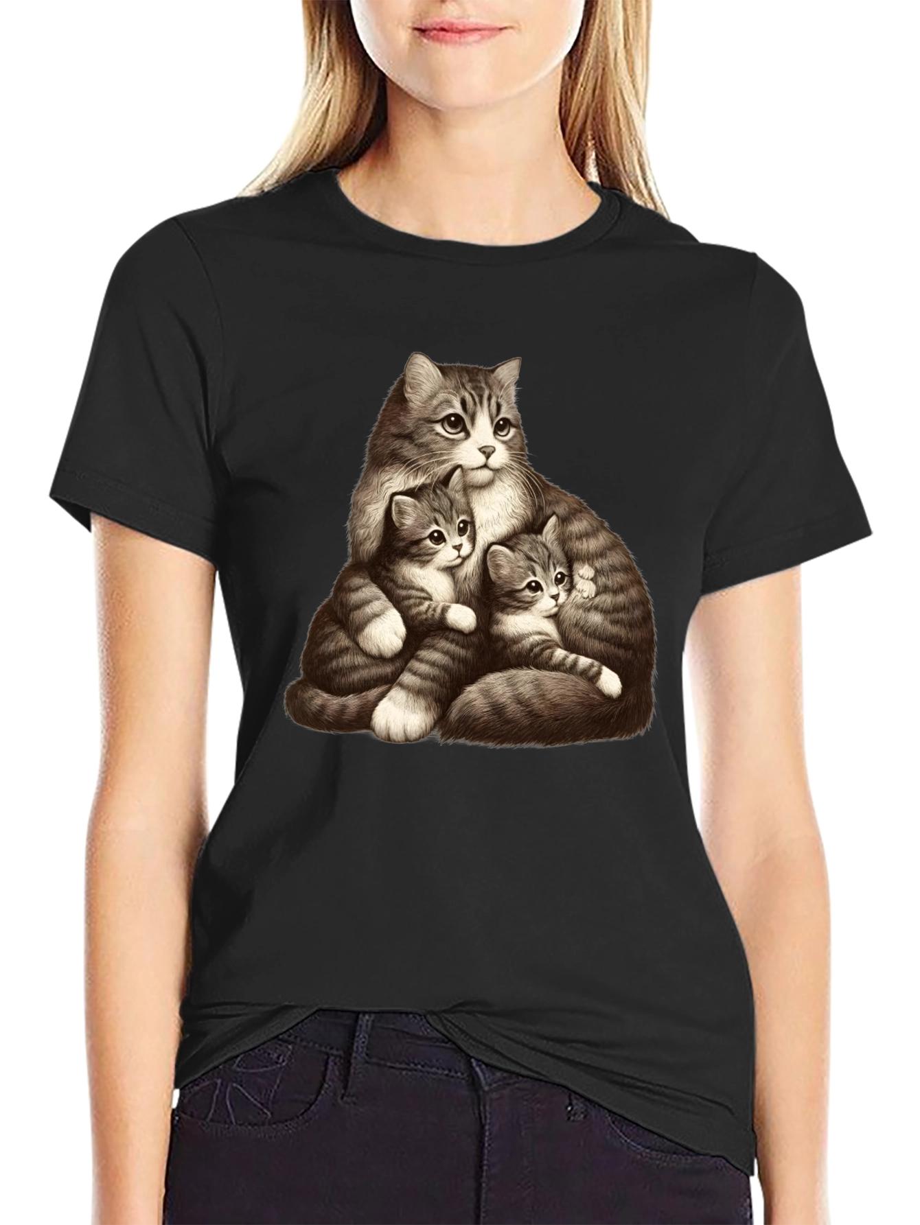 Cute Cat Family Graphic Black T-Shirt
