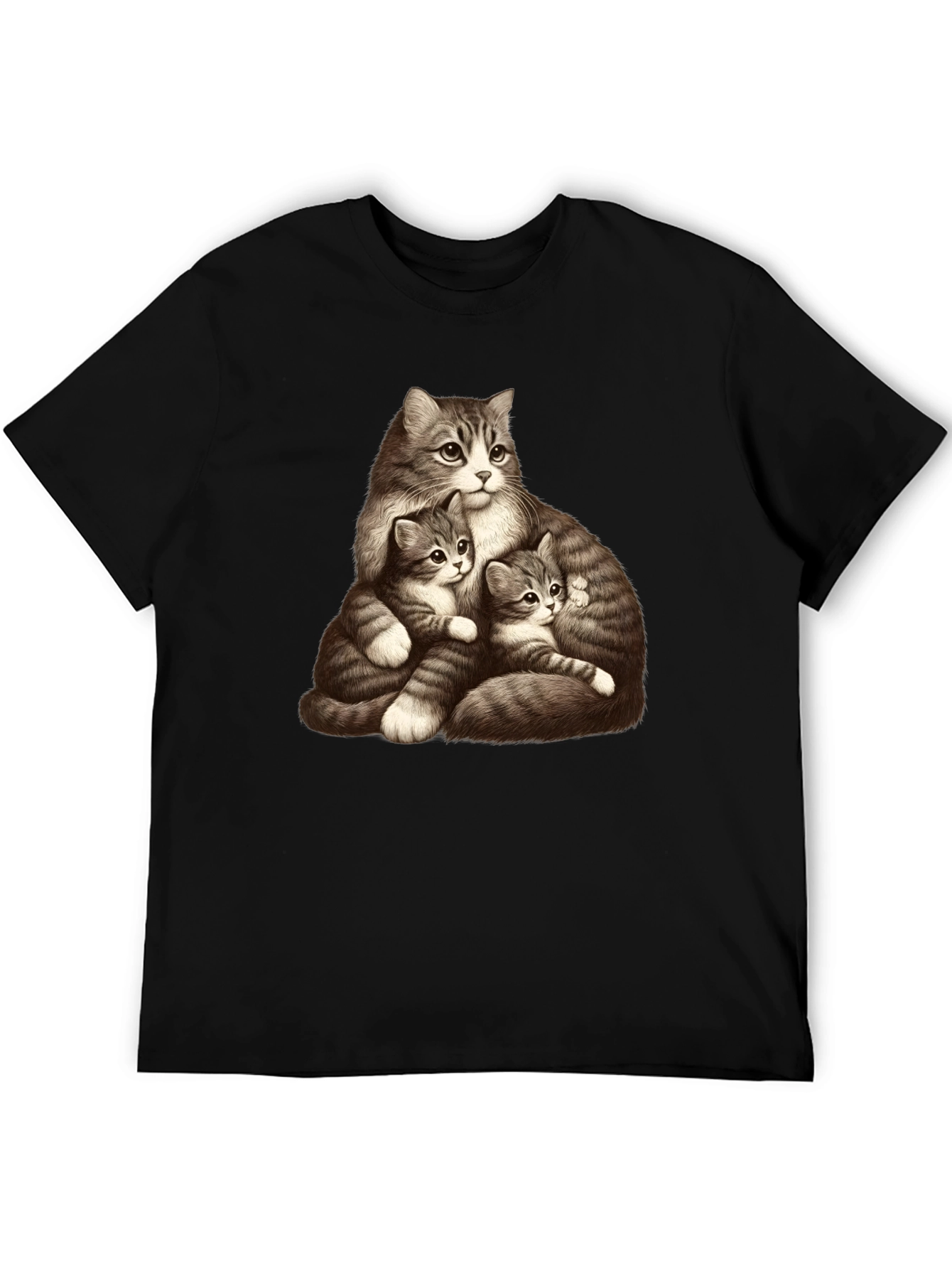 Cute Cat Family Graphic Black T-Shirt
