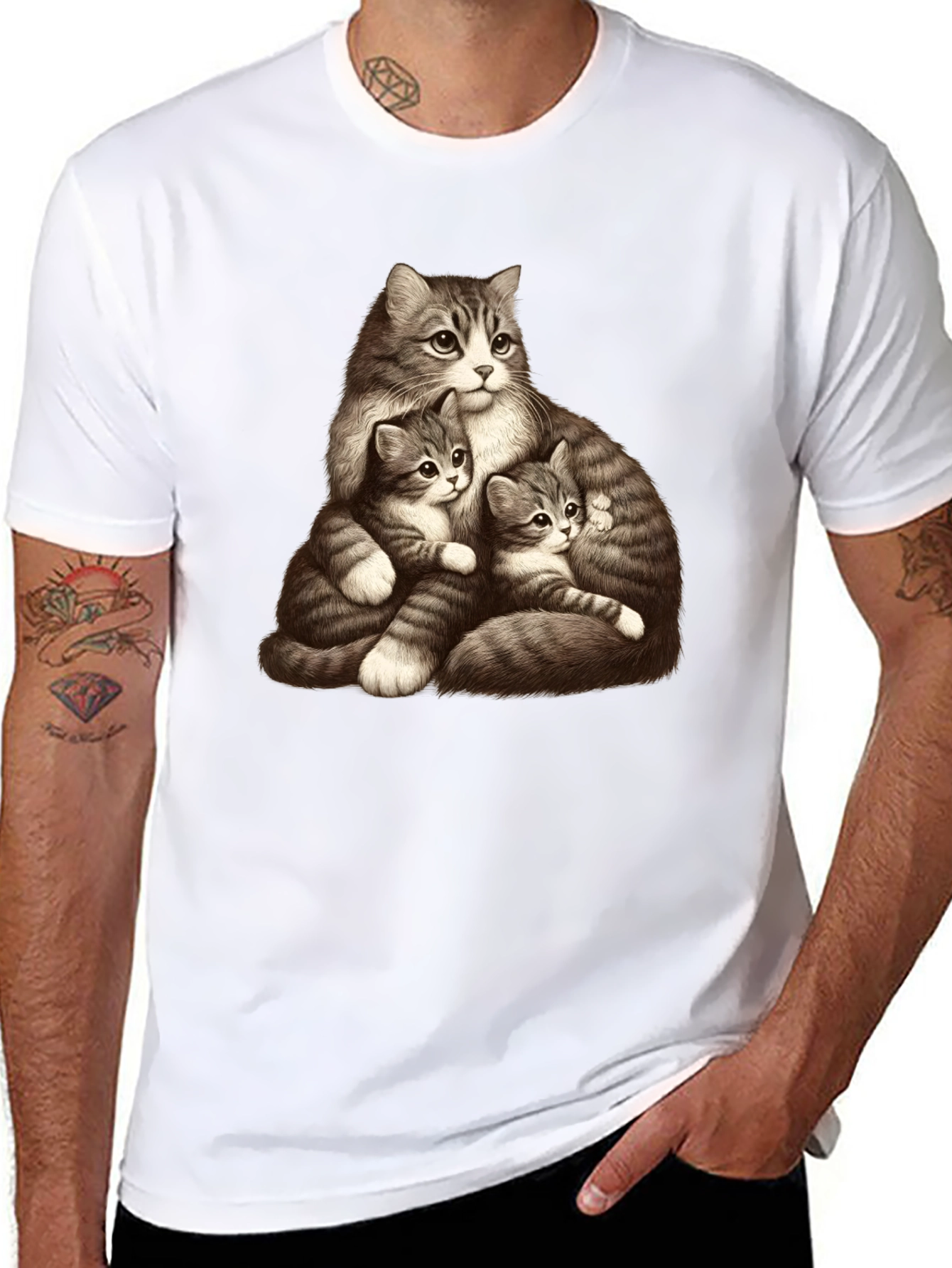 Cute Cat Family Graphic Black T-Shirt