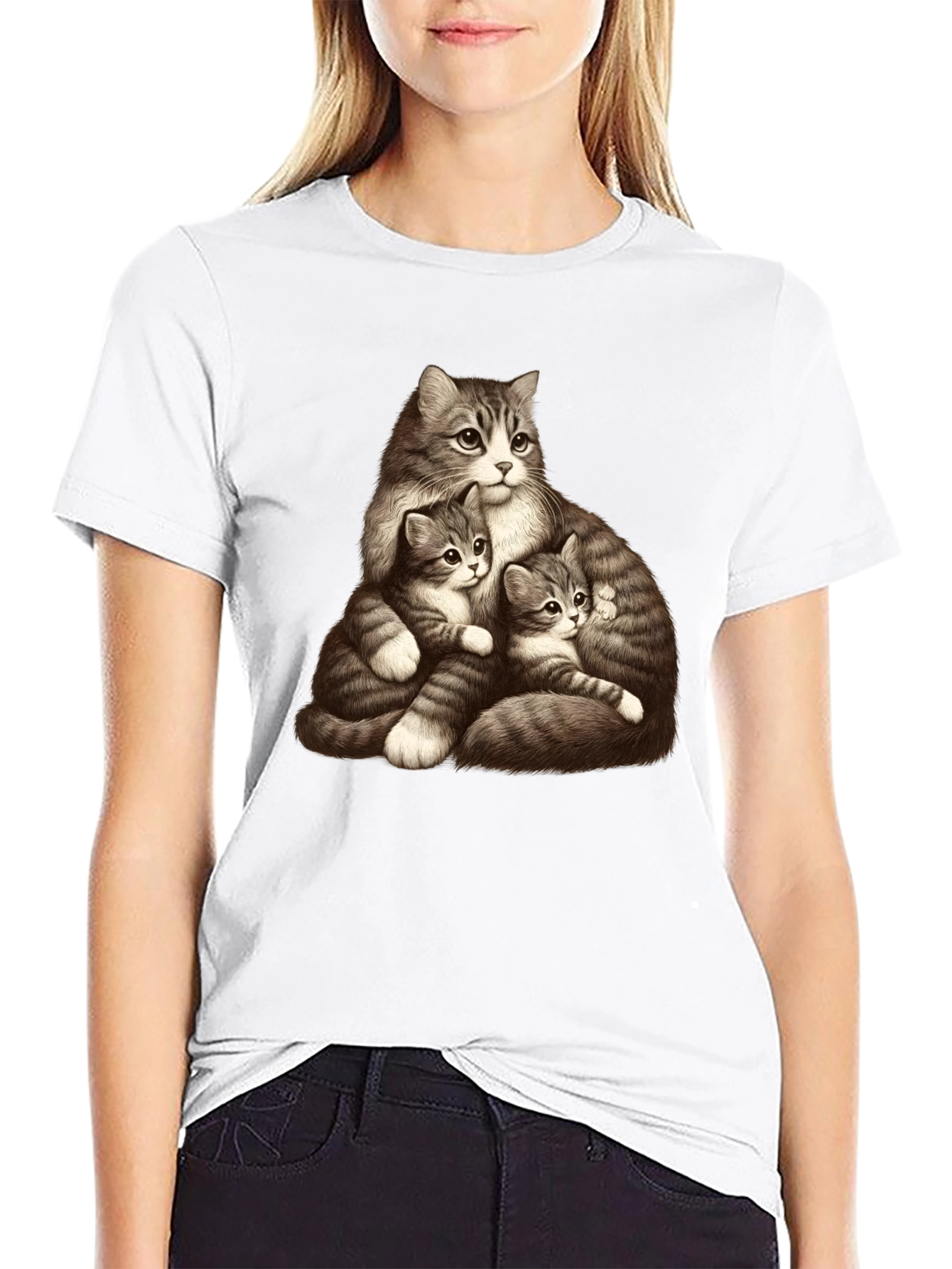 Cute Cat Family Graphic Black T-Shirt