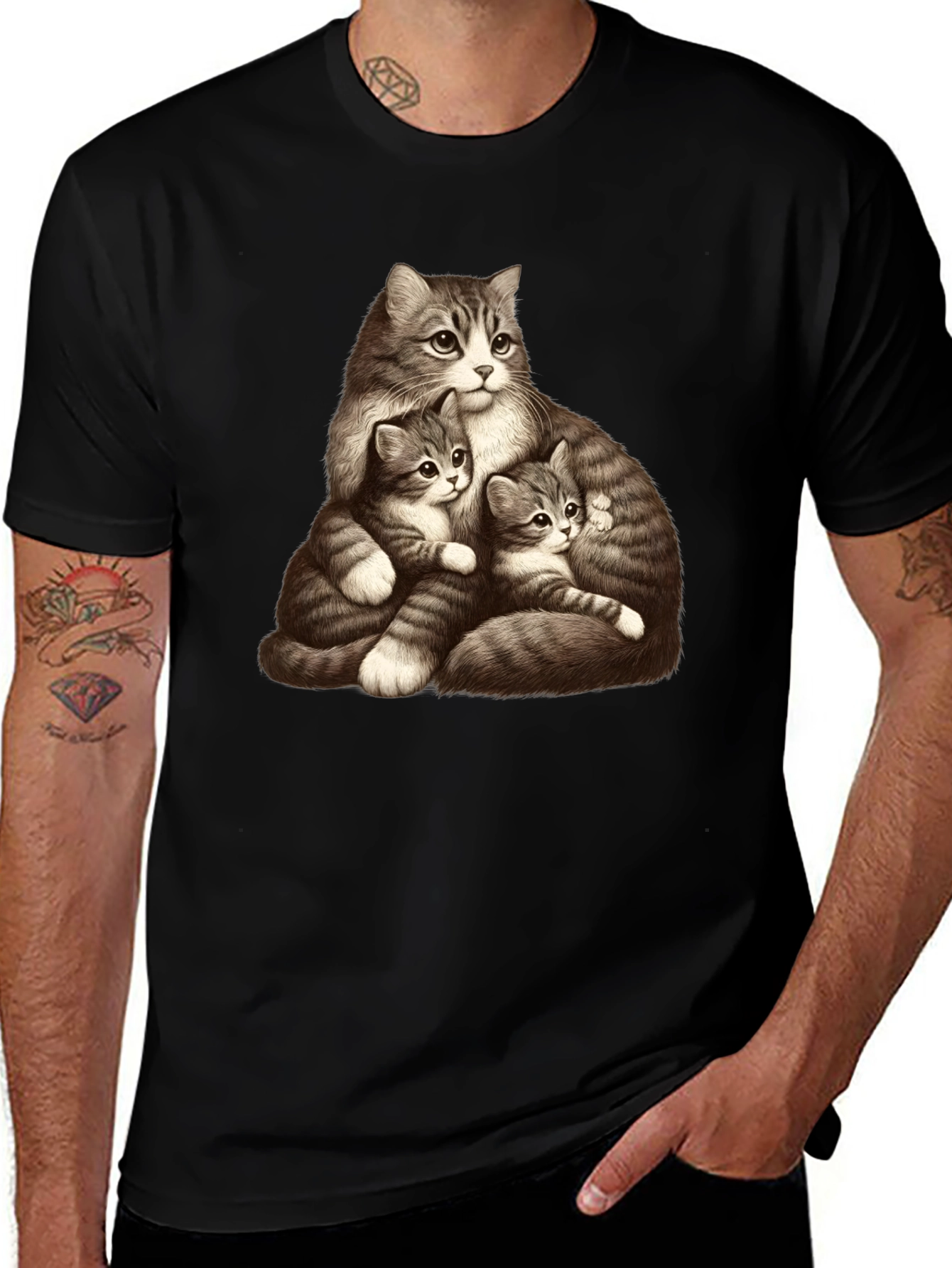 Cute Cat Family Graphic Black T-Shirt