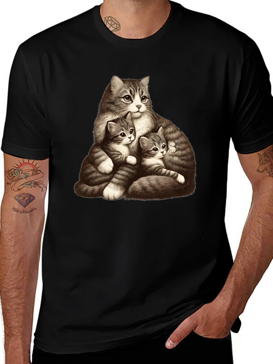 Cute Cat Family Graphic Black T-Shirt