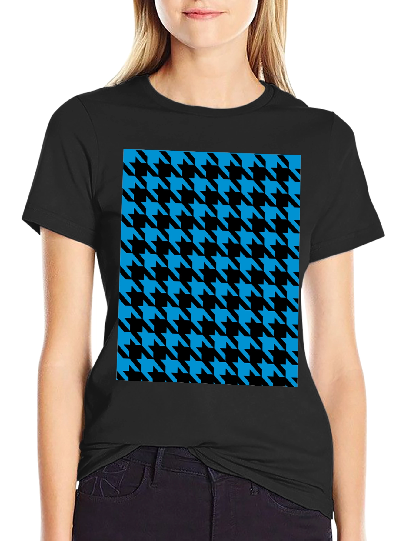 Houndstooth Patterned Black T-Shirt
