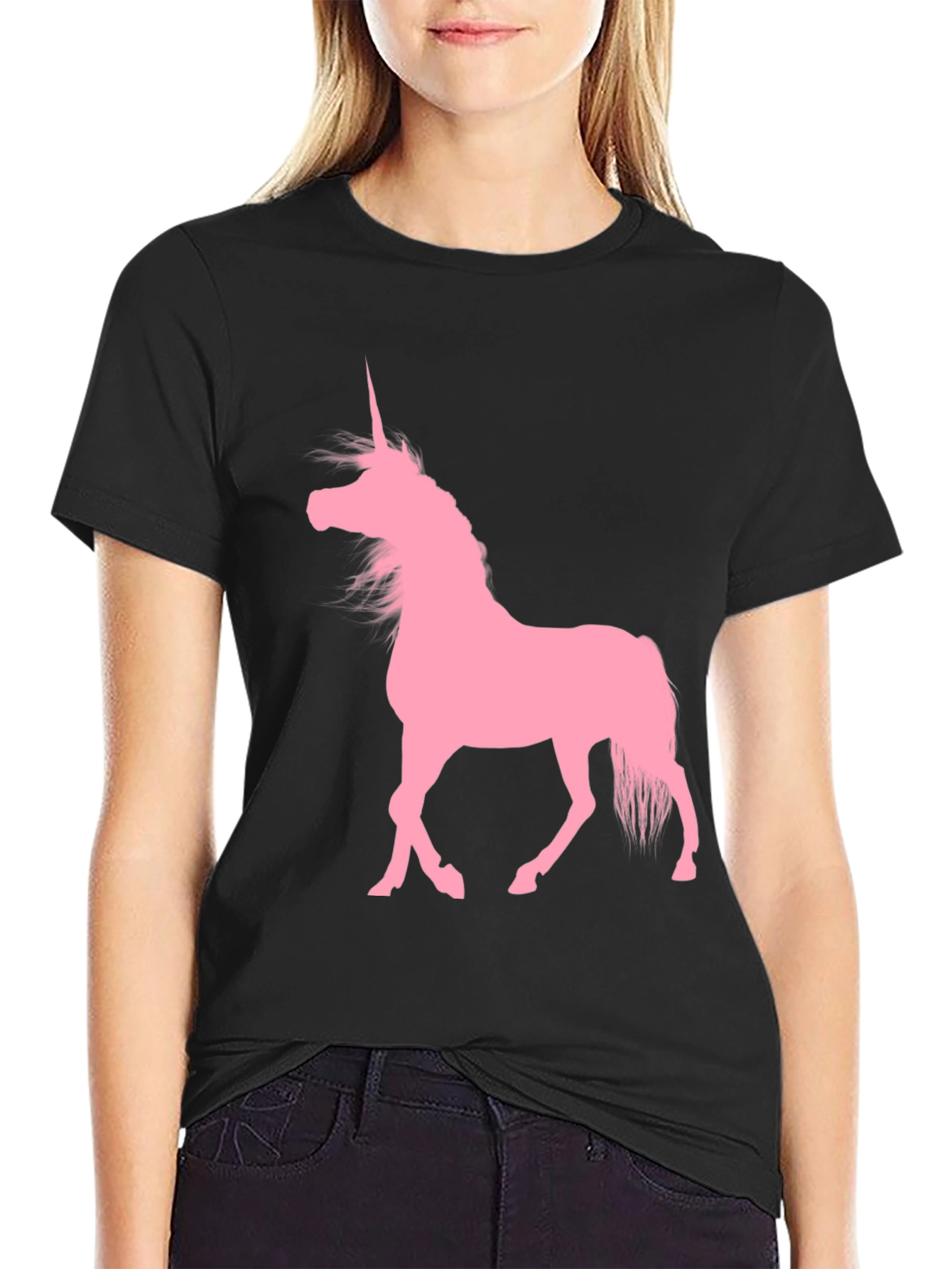 Black T-Shirt with Pink Unicorn Graphic