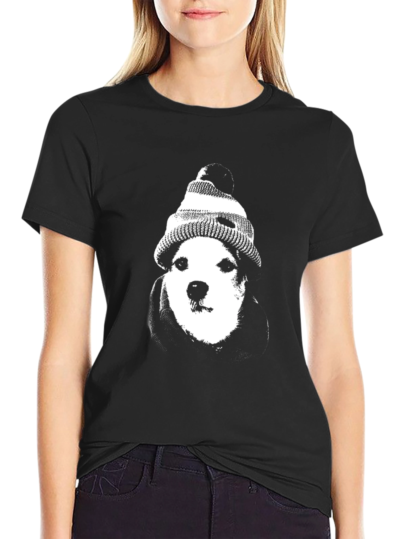 Dog with Beanie Graphic Tee - Black
