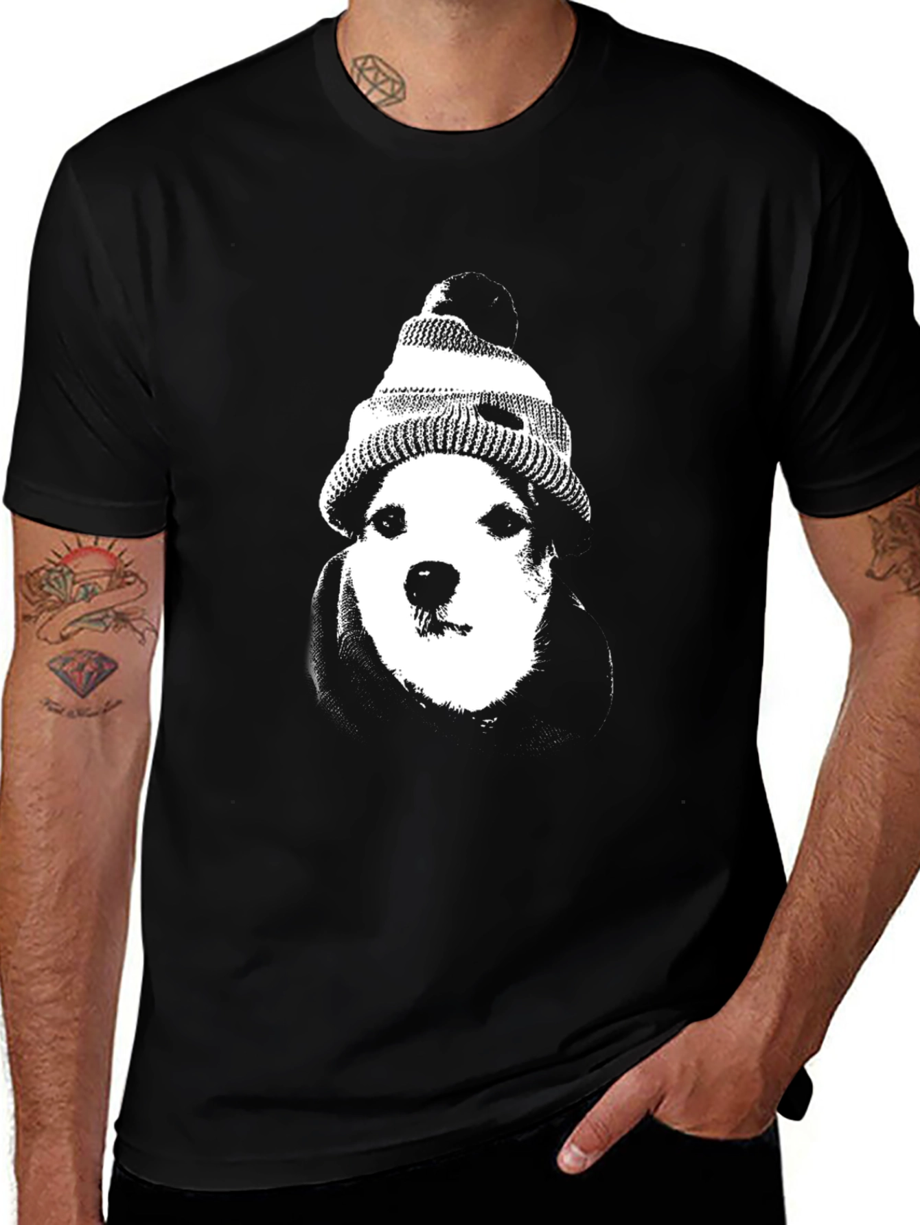 Dog with Beanie Graphic Tee - Black