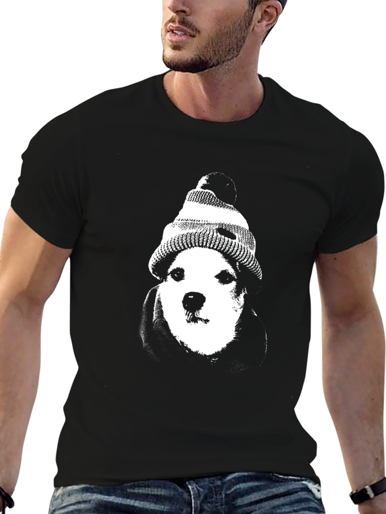 Dog with Beanie Graphic Tee - Black