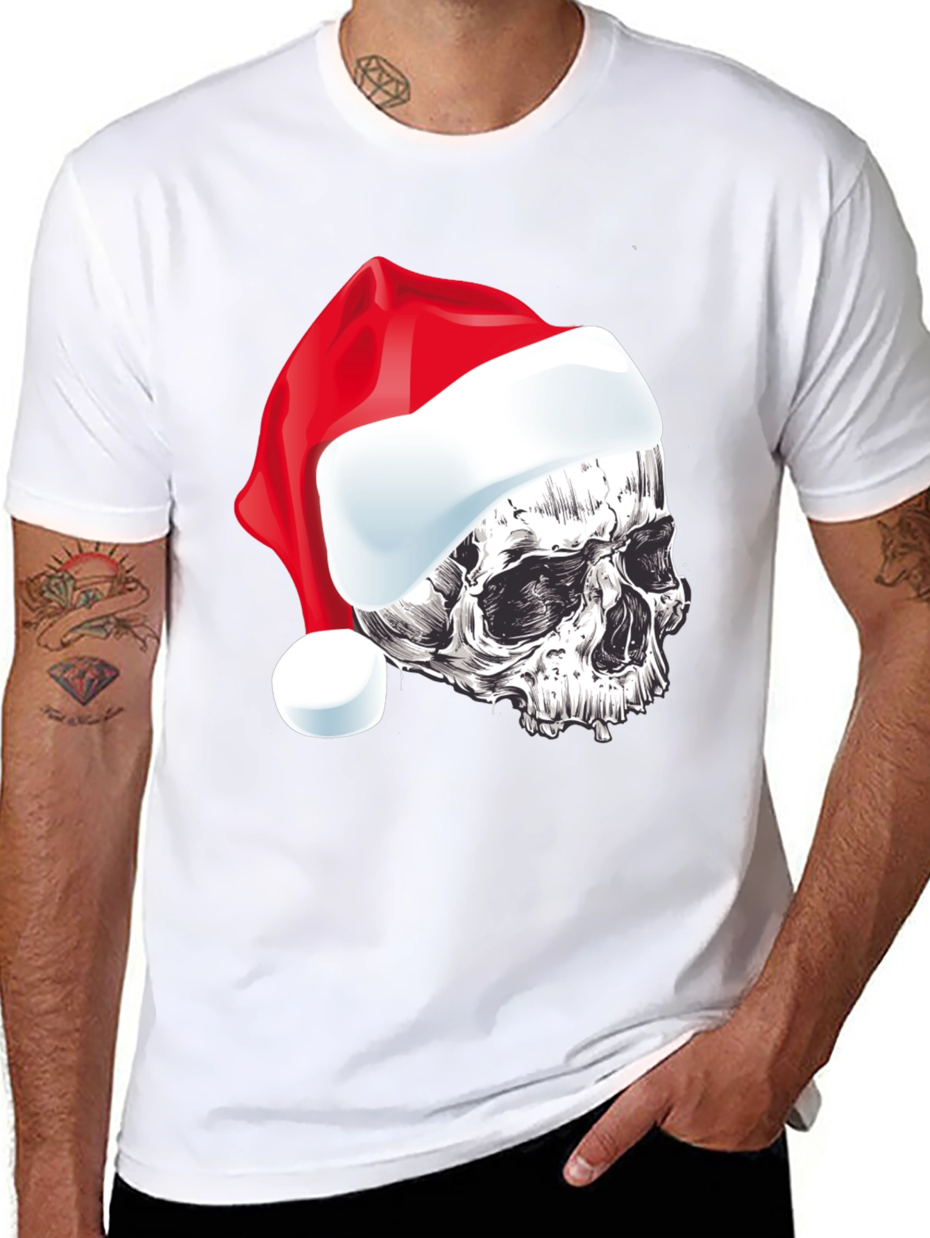 Skull Santa Hat Graphic Tee - Holiday Style