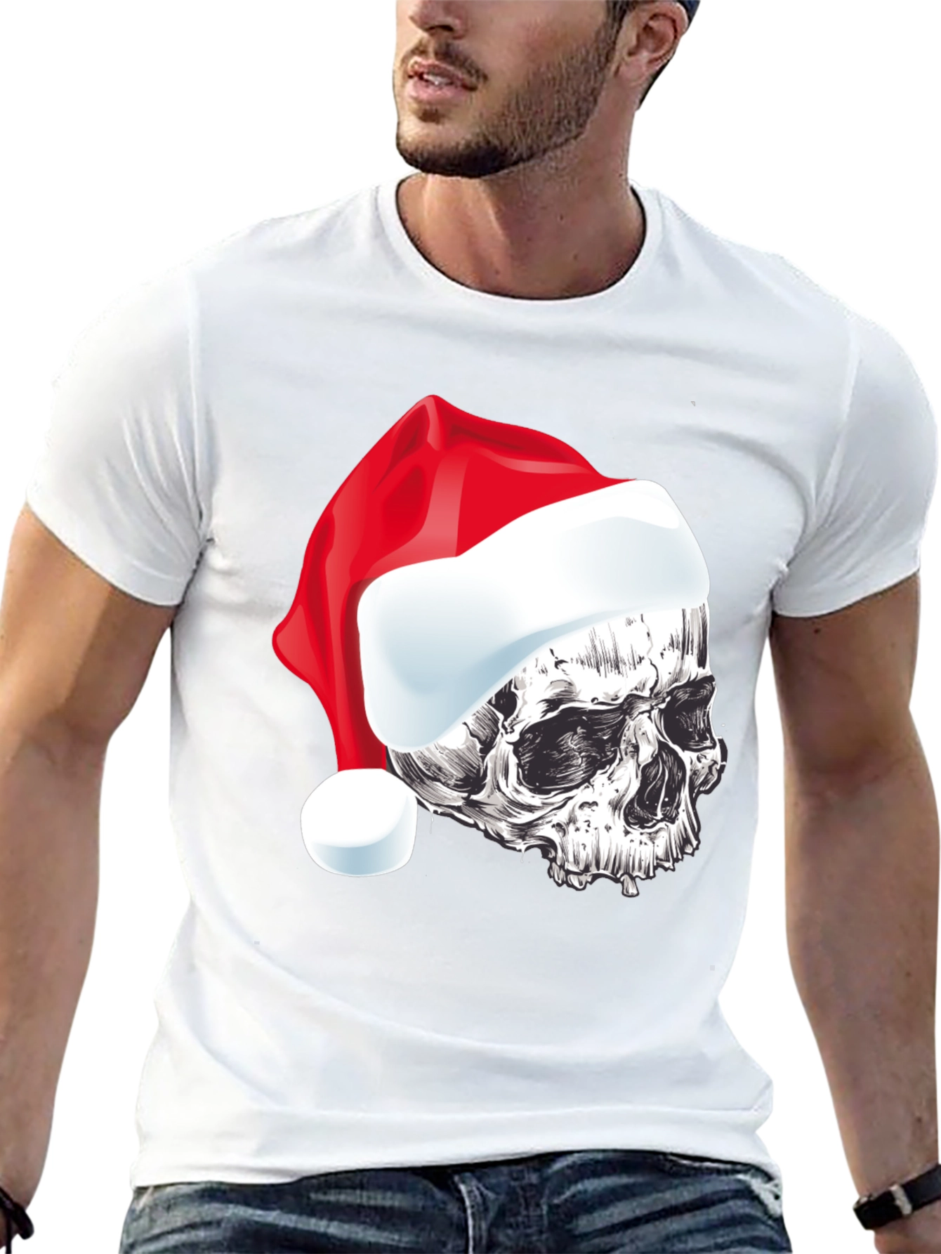 Skull Santa Hat Graphic Tee - Holiday Style
