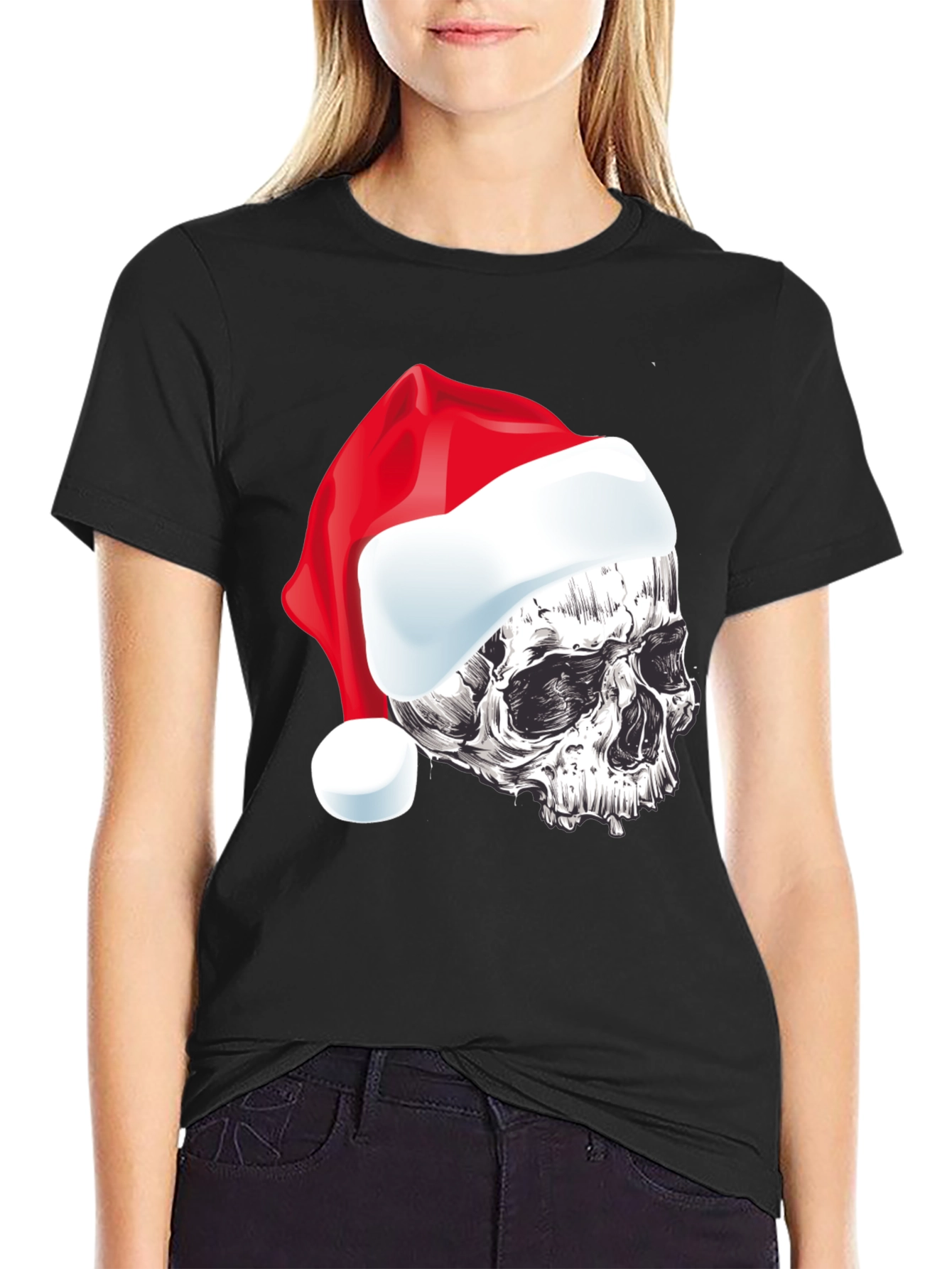 Skull Santa Hat Graphic Tee - Holiday Style