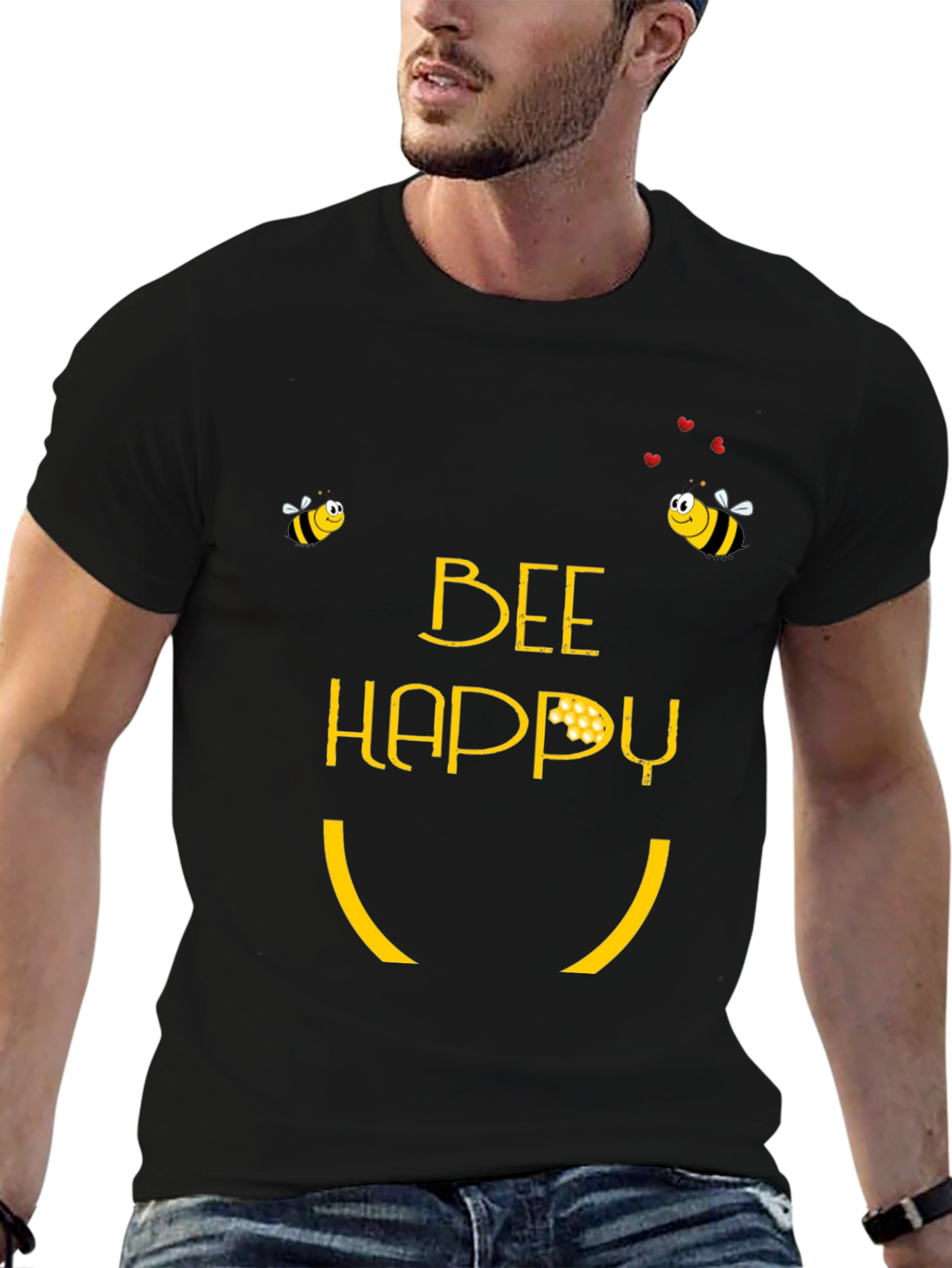 Bee Happy Graphic T-Shirt - Black Cotton Blend